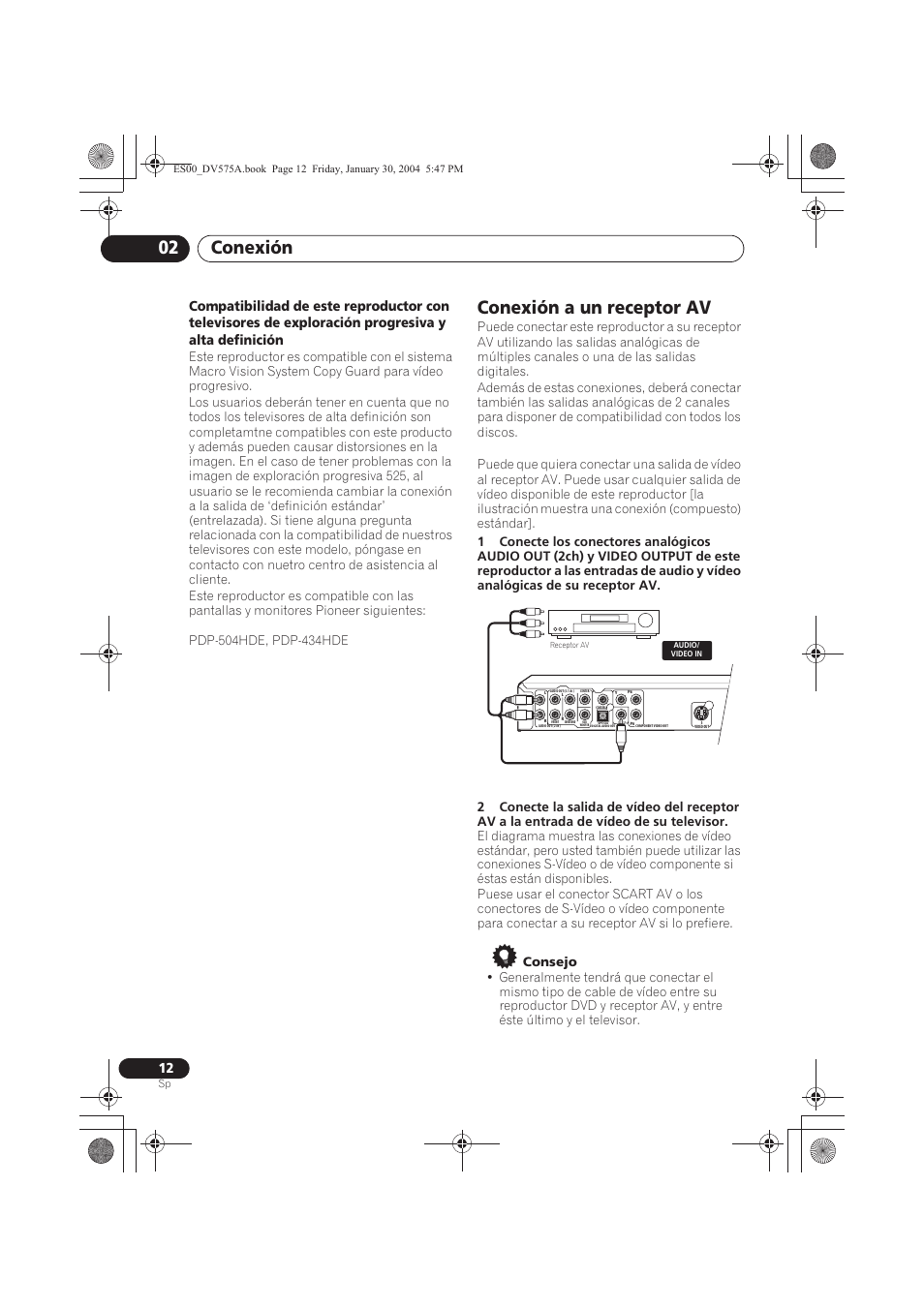 Conexión a un receptor av, Conexión 02 | Pioneer DV-575A-S User Manual | Page 12 / 108