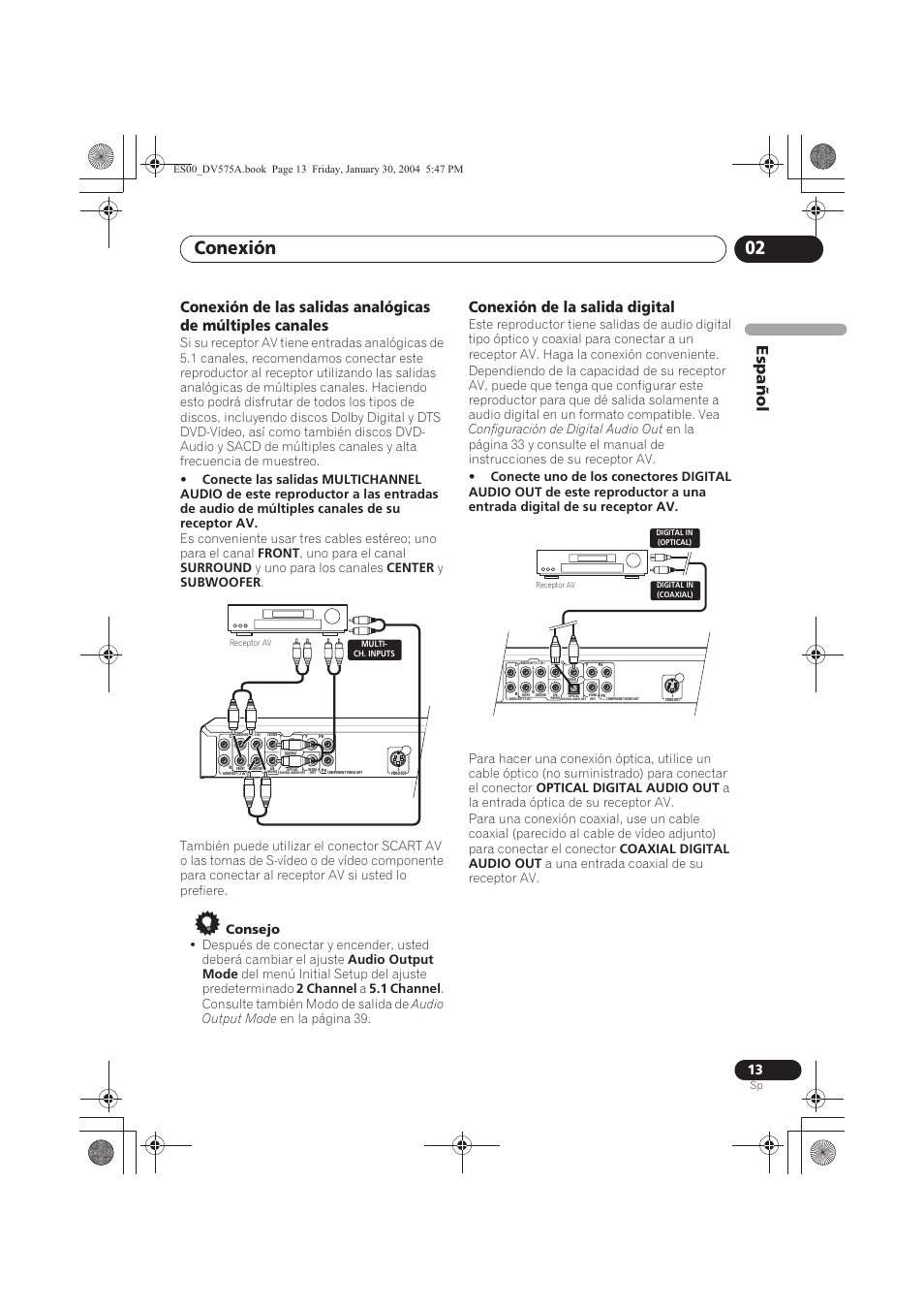 Conexión 02, Espa ñol, Conexión de la salida digital | Pioneer DV-575A-S User Manual | Page 13 / 108