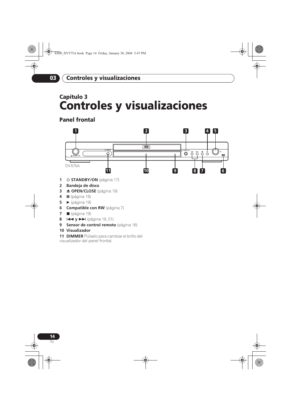 03 controles y visualizaciones, Panel frontal, Controles y visualizaciones | Controles y visualizaciones 03, Capítulo 3 | Pioneer DV-575A-S User Manual | Page 14 / 108