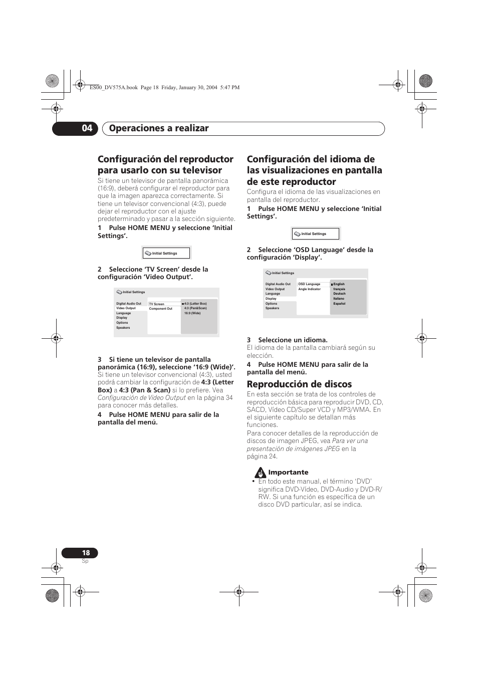 Reproducción de discos, Operaciones a realizar 04 | Pioneer DV-575A-S User Manual | Page 18 / 108
