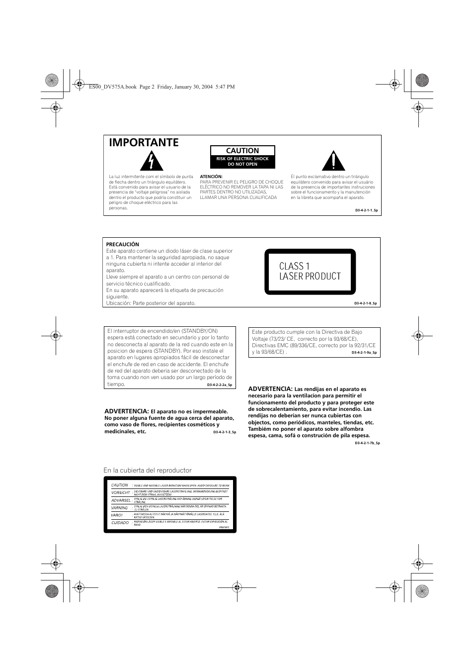 Importante, Class 1 laser product, Caution | Pioneer DV-575A-S User Manual | Page 2 / 108