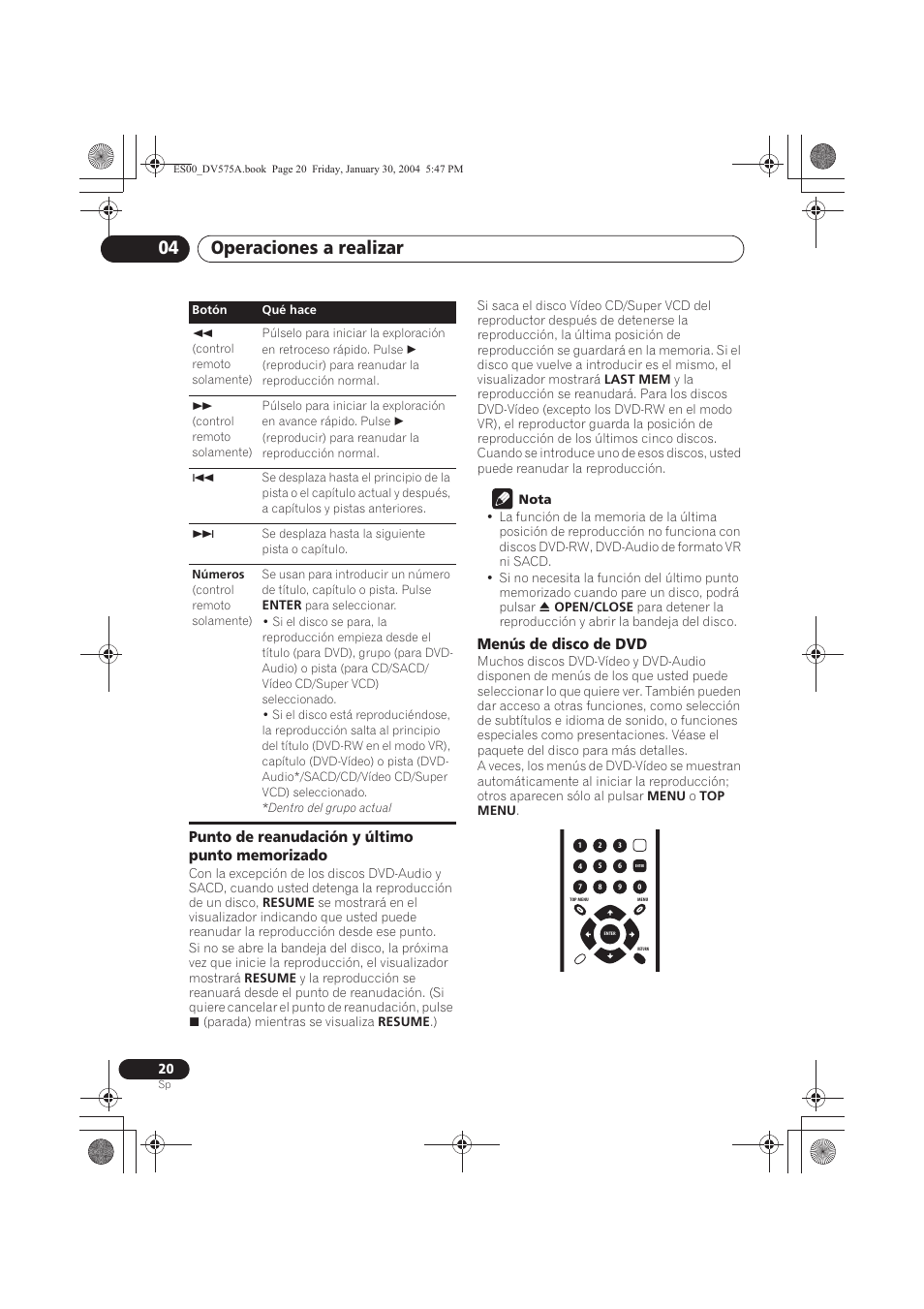 Operaciones a realizar 04, Menús de disco de dvd | Pioneer DV-575A-S User Manual | Page 20 / 108