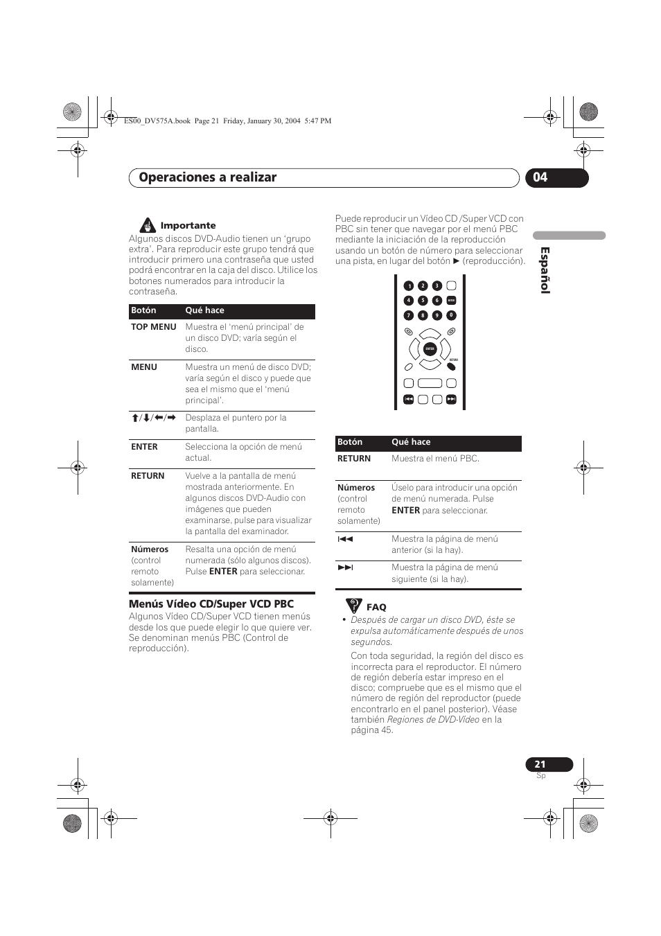 Operaciones a realizar 04, Espa ñol | Pioneer DV-575A-S User Manual | Page 21 / 108