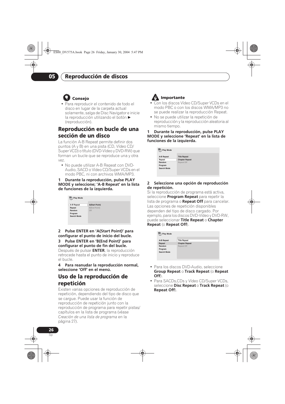 Reproducción en bucle de una sección de un disco, Uso de la reproducción de repetición, Reproducción de discos 05 | Pioneer DV-575A-S User Manual | Page 26 / 108