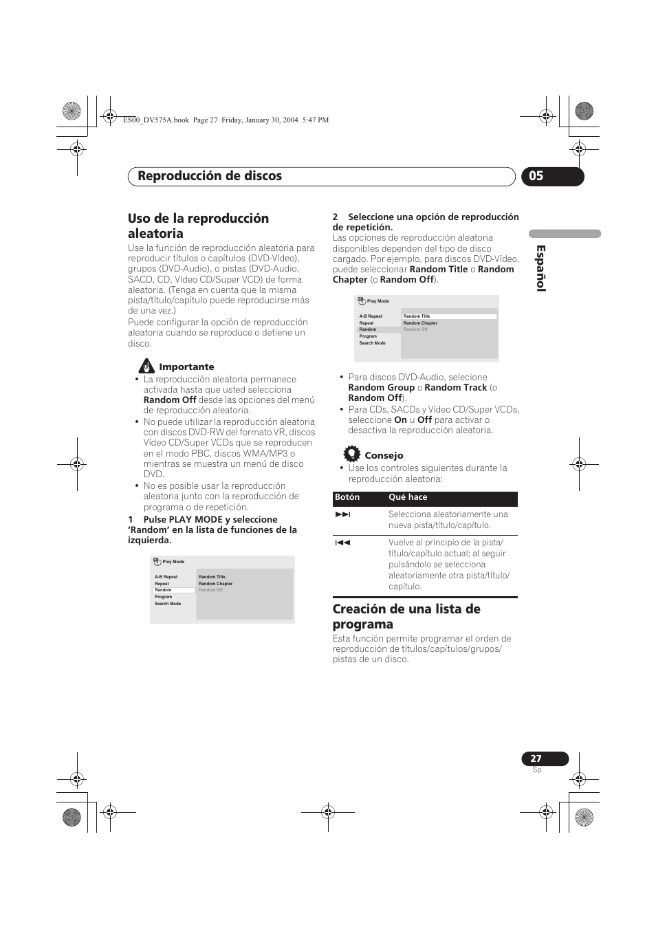 Uso de la reproducción aleatoria, Creación de una lista de programa, Reproducción de discos 05 | Espa ñol | Pioneer DV-575A-S User Manual | Page 27 / 108