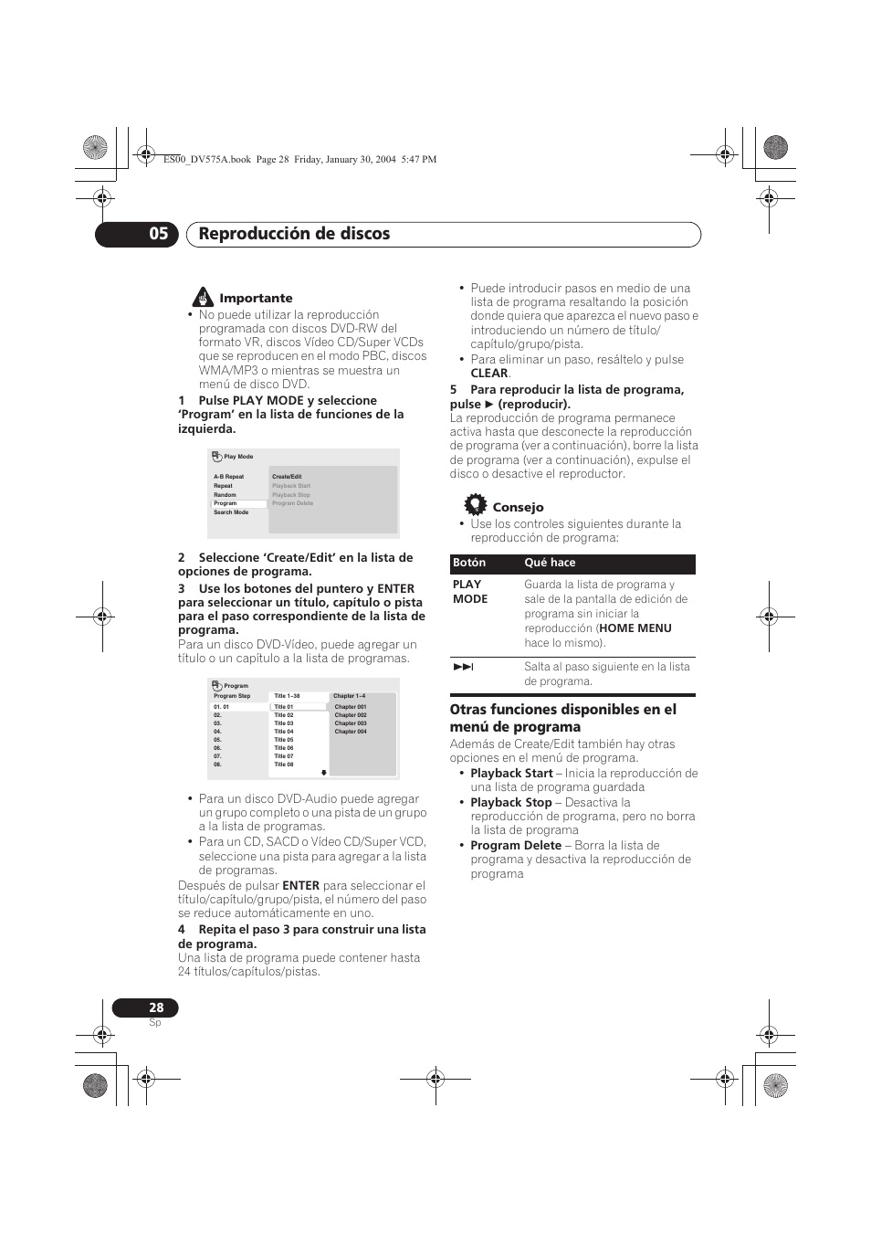 Búsqueda en un disco, Reproducción de discos 05, Otras funciones disponibles en el menú de programa | Pioneer DV-575A-S User Manual | Page 28 / 108