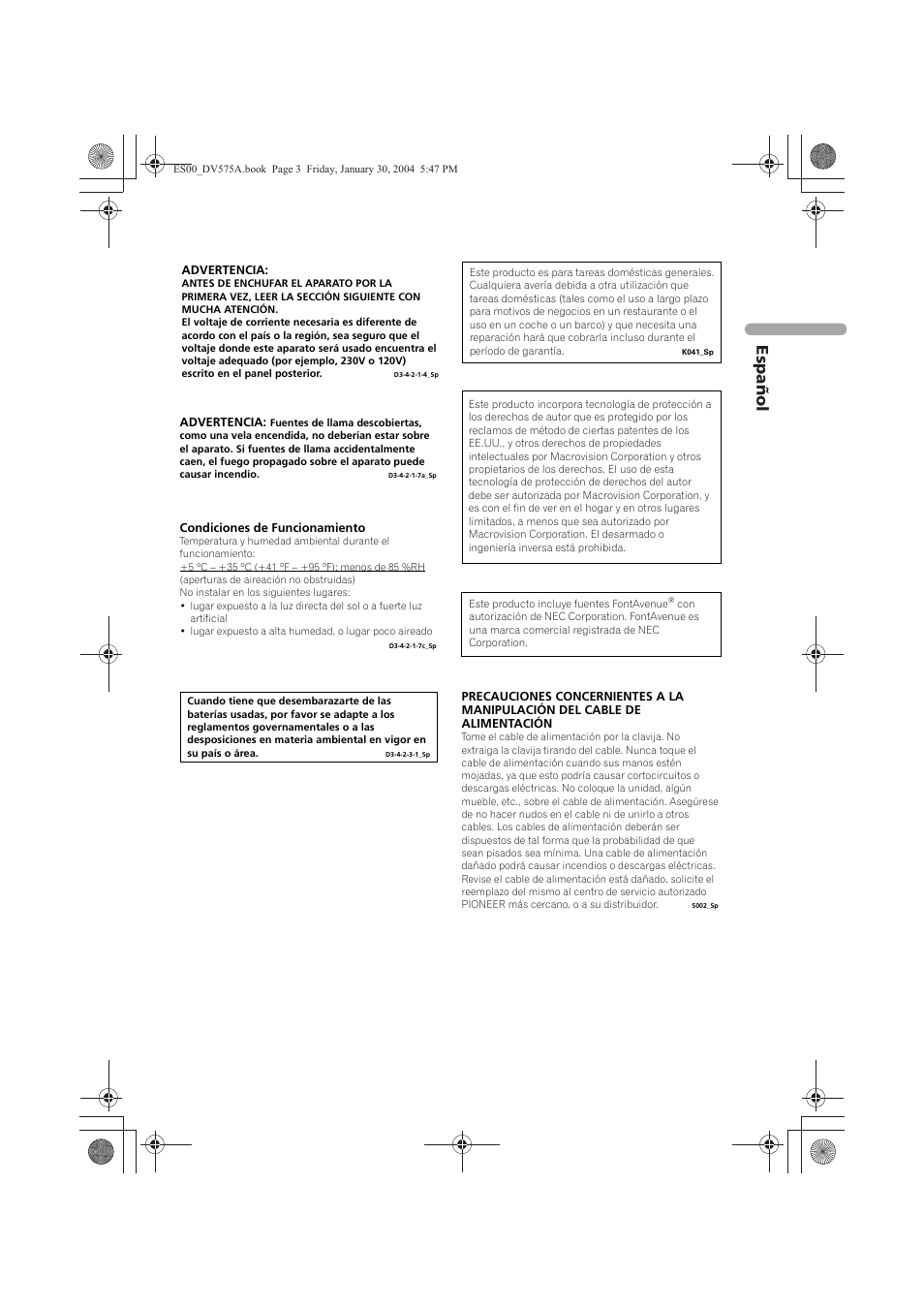 Espa ñol | Pioneer DV-575A-S User Manual | Page 3 / 108