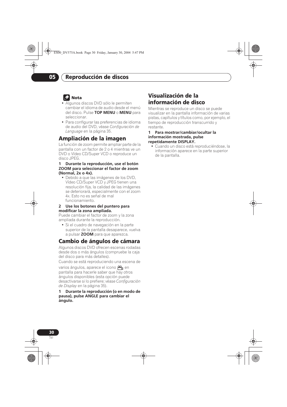 Ampliación de la imagen, Cambio de ángulos de cámara, Visualización de la información de disco | Reproducción de discos 05 | Pioneer DV-575A-S User Manual | Page 30 / 108