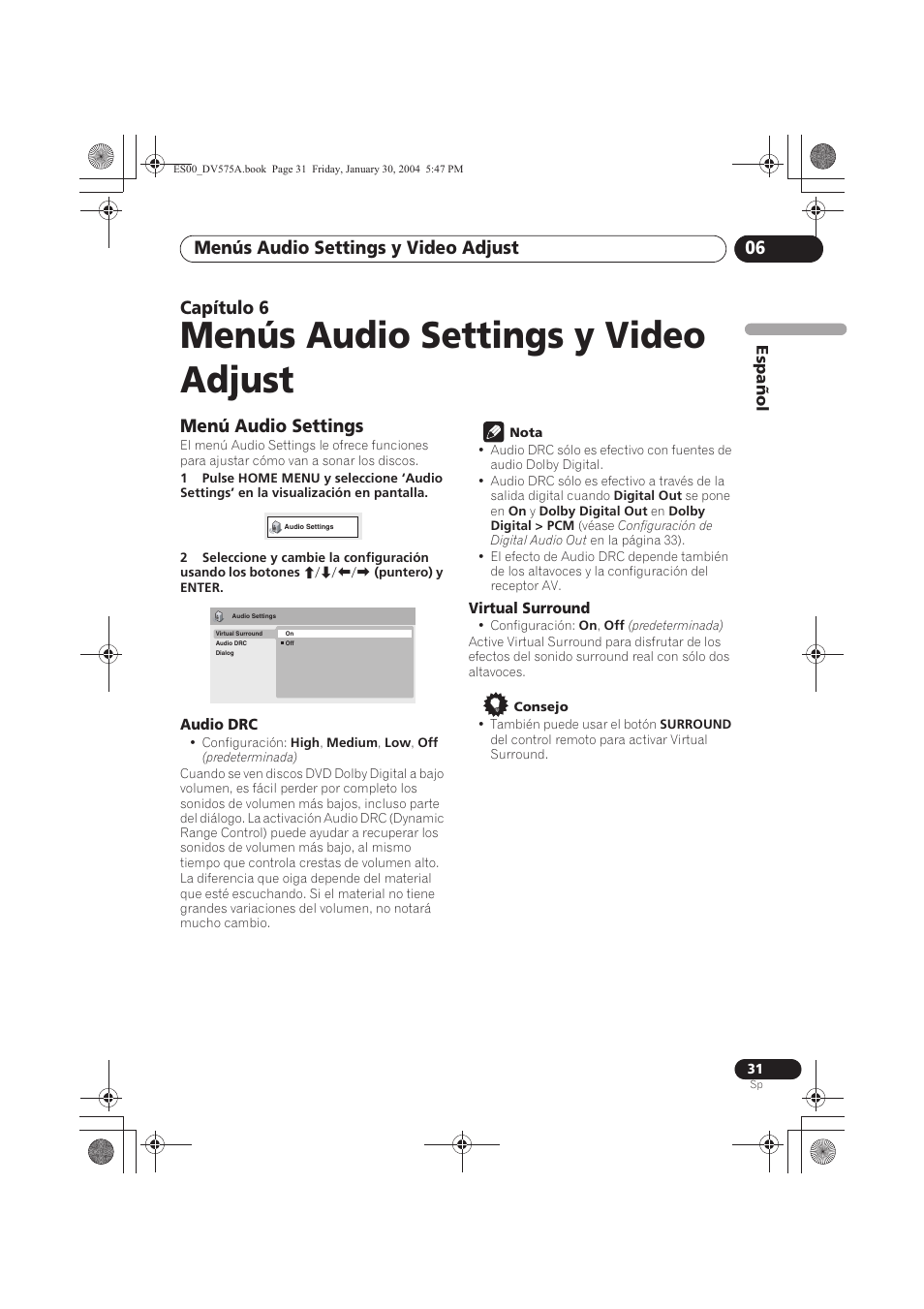 06 menús audio settings y video adjust, Menú audio settings, Menús audio settings y video adjust | Menús audio settings y video adjust 06, Capítulo 6 | Pioneer DV-575A-S User Manual | Page 31 / 108
