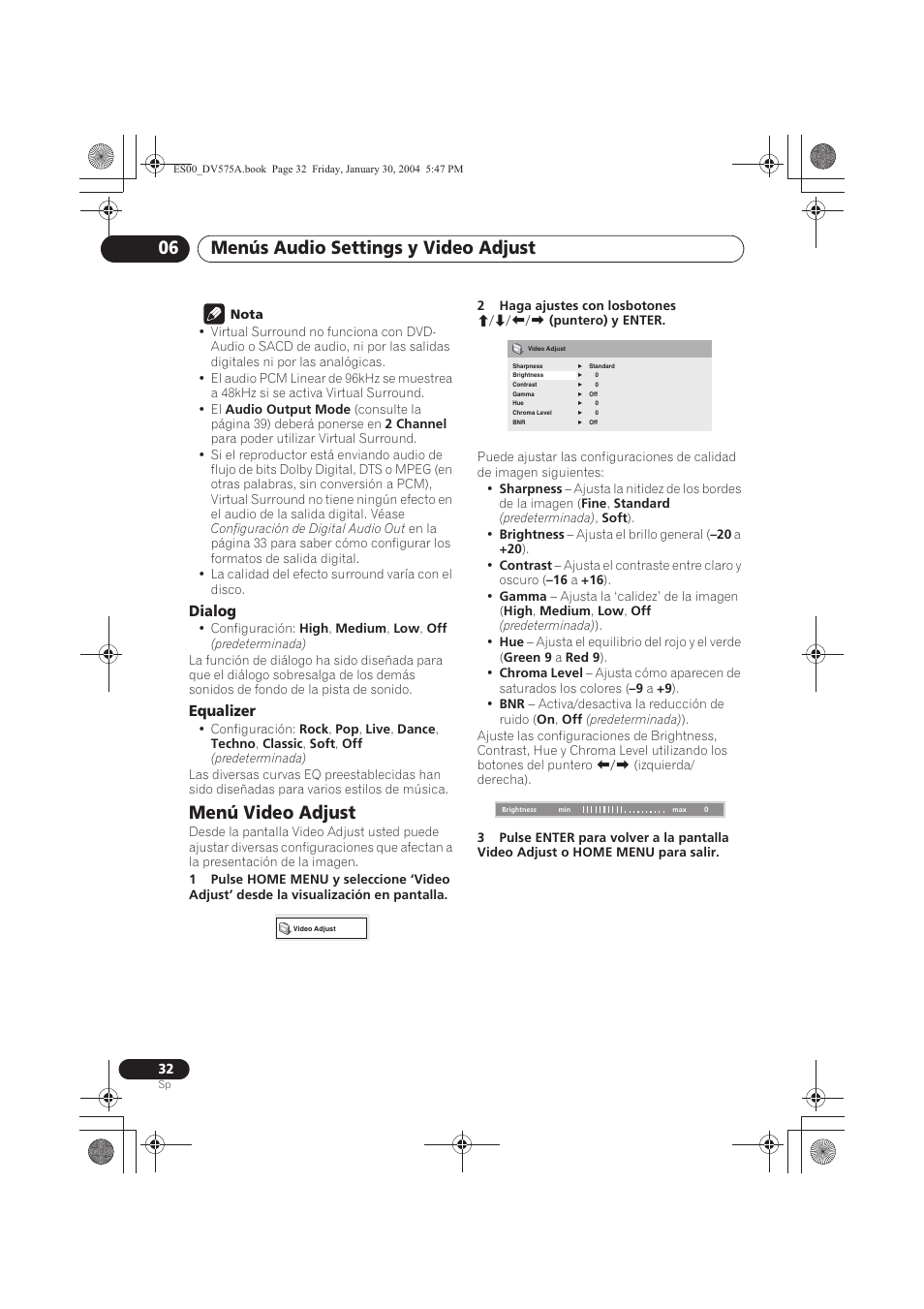 Menú video adjust, Menús audio settings y video adjust 06 | Pioneer DV-575A-S User Manual | Page 32 / 108