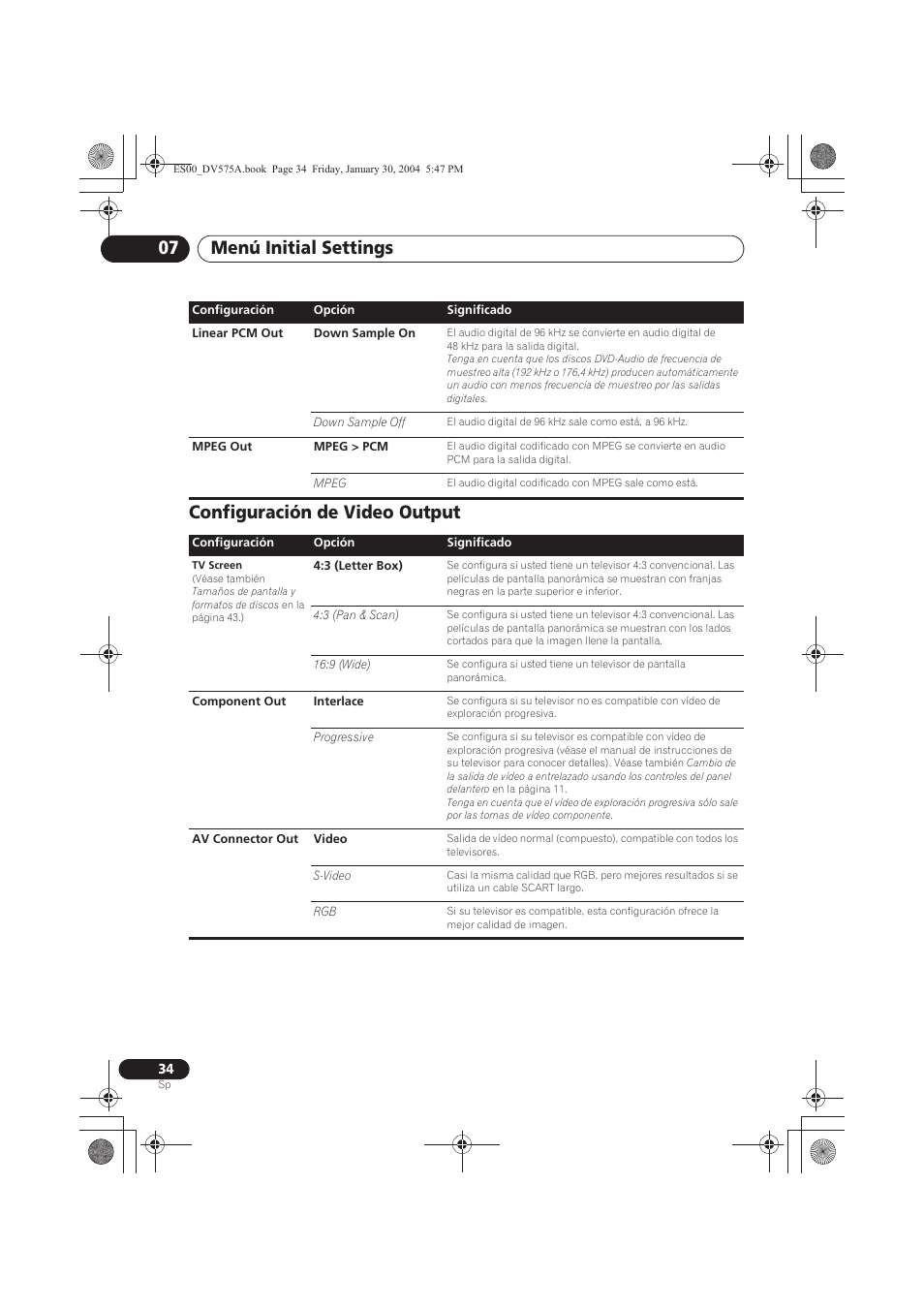 Configuración de video output, Menú initial settings 07 | Pioneer DV-575A-S User Manual | Page 34 / 108
