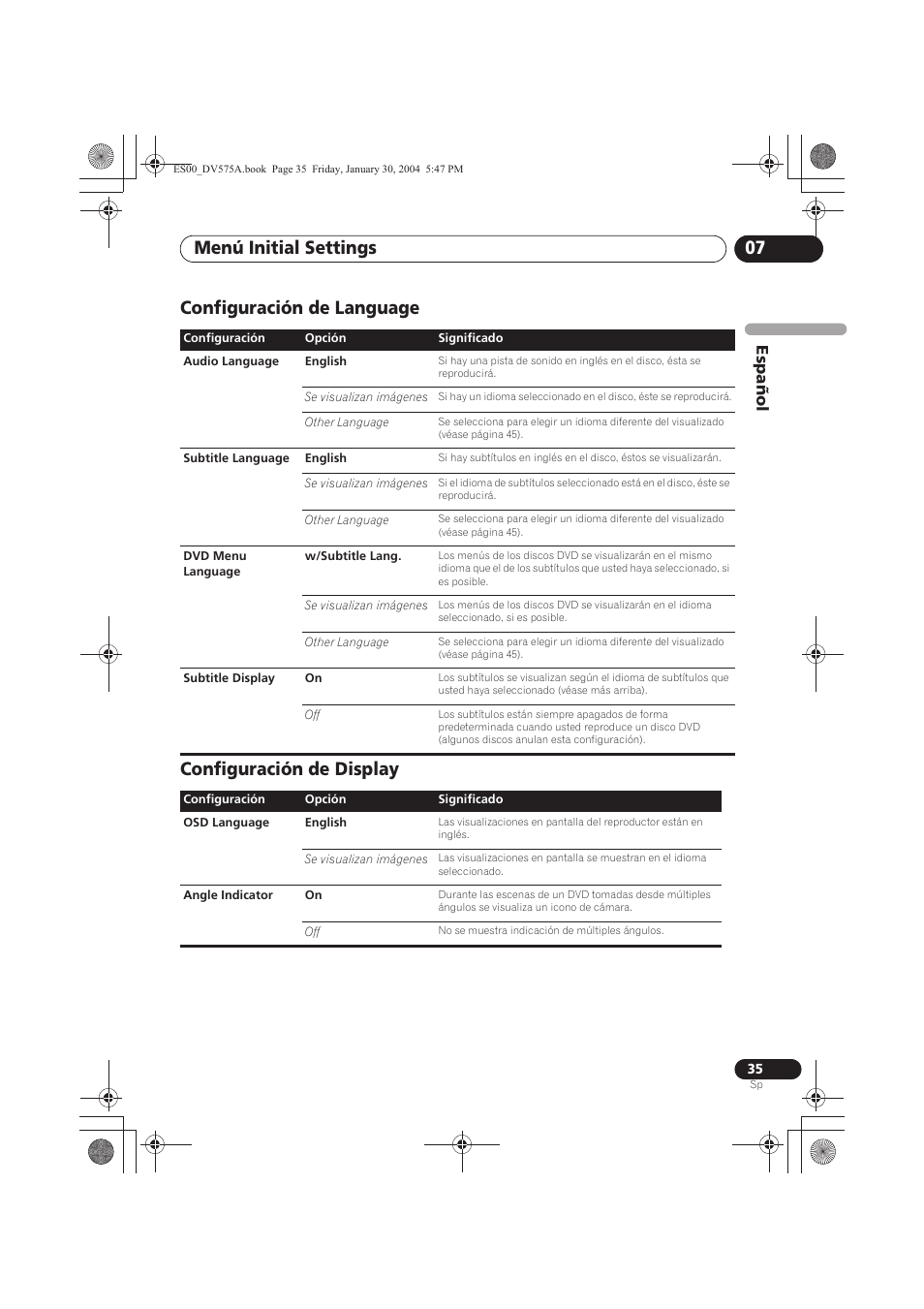 Configuración de language, Configuración de display, Menú initial settings 07 | Configuración de language configuración de display, Espa ñol | Pioneer DV-575A-S User Manual | Page 35 / 108