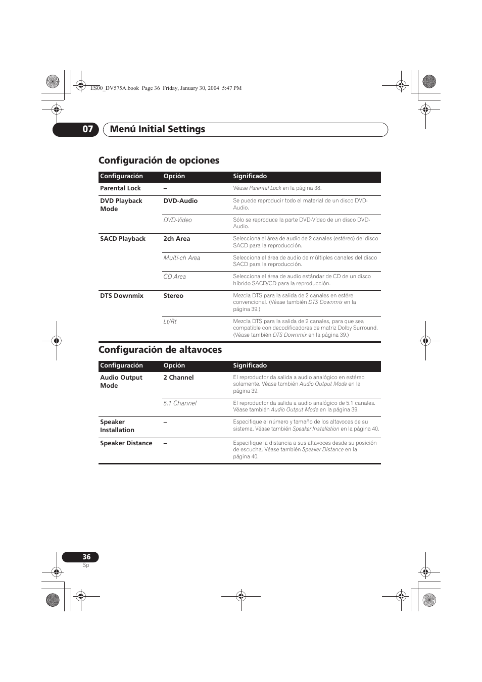 Configuración de opciones, Configuración de altavoces, Menú initial settings 07 | Pioneer DV-575A-S User Manual | Page 36 / 108