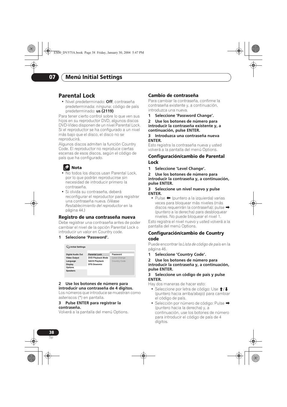 Parental lock, Menú initial settings 07 | Pioneer DV-575A-S User Manual | Page 38 / 108