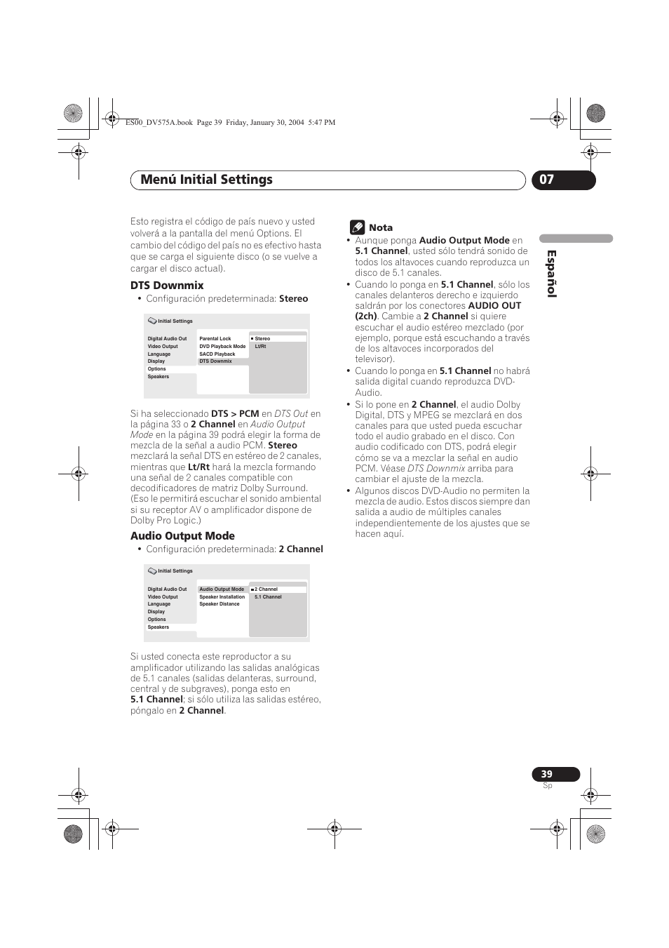 Menú initial settings 07, Espa ñol, Dts downmix | Audio output mode | Pioneer DV-575A-S User Manual | Page 39 / 108