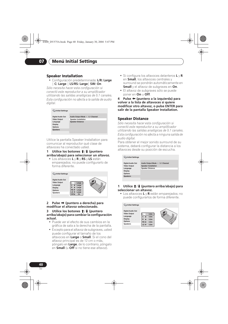 Menú initial settings 07, Speaker installation, Speaker distance | Pioneer DV-575A-S User Manual | Page 40 / 108