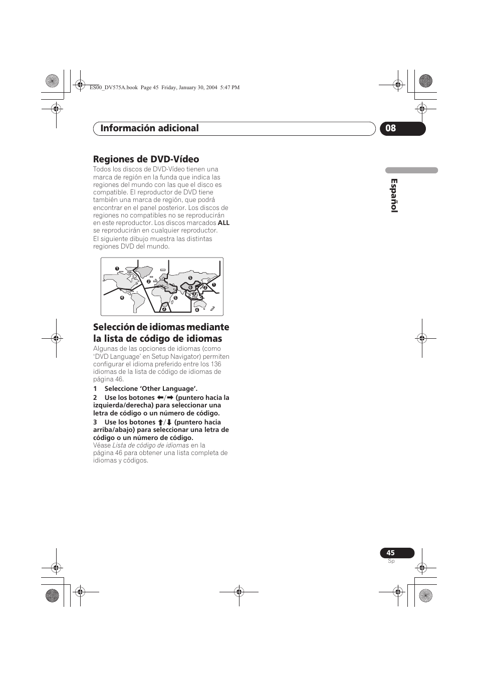 Regiones de dvd-vídeo, Información adicional 08, Espa ñol | Pioneer DV-575A-S User Manual | Page 45 / 108