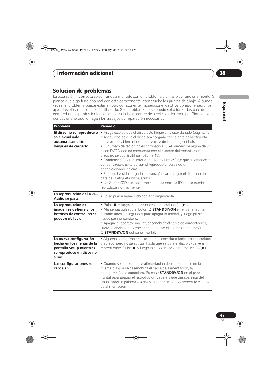 Solución de problemas, Información adicional 08 | Pioneer DV-575A-S User Manual | Page 47 / 108