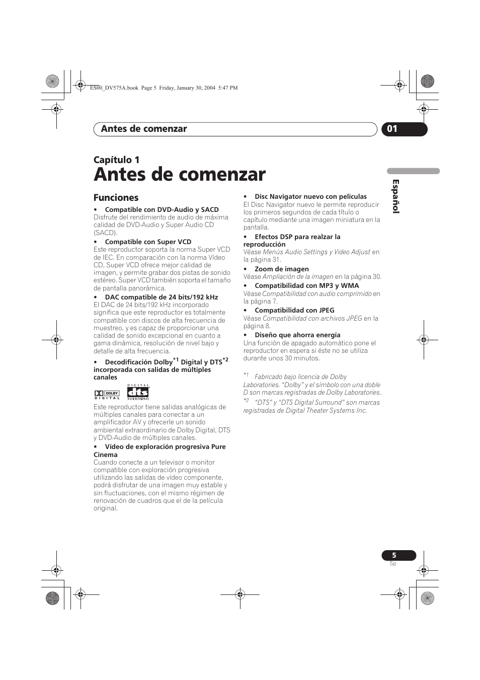 01 antes de comenzar, Funciones, Antes de comenzar | Antes de comenzar 01, Capítulo 1 | Pioneer DV-575A-S User Manual | Page 5 / 108