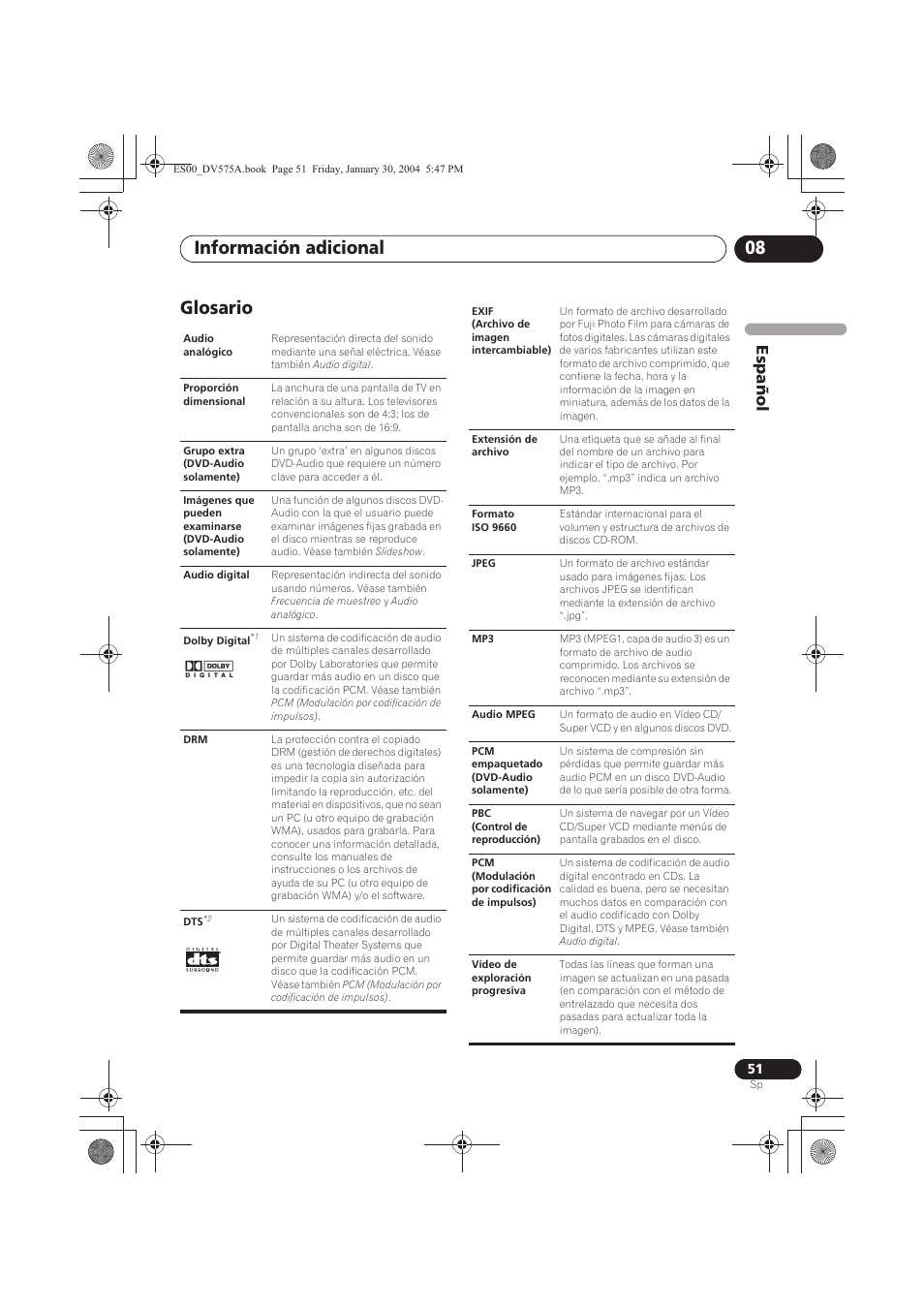 Glosario, Información adicional 08, Espa ñol | Pioneer DV-575A-S User Manual | Page 51 / 108