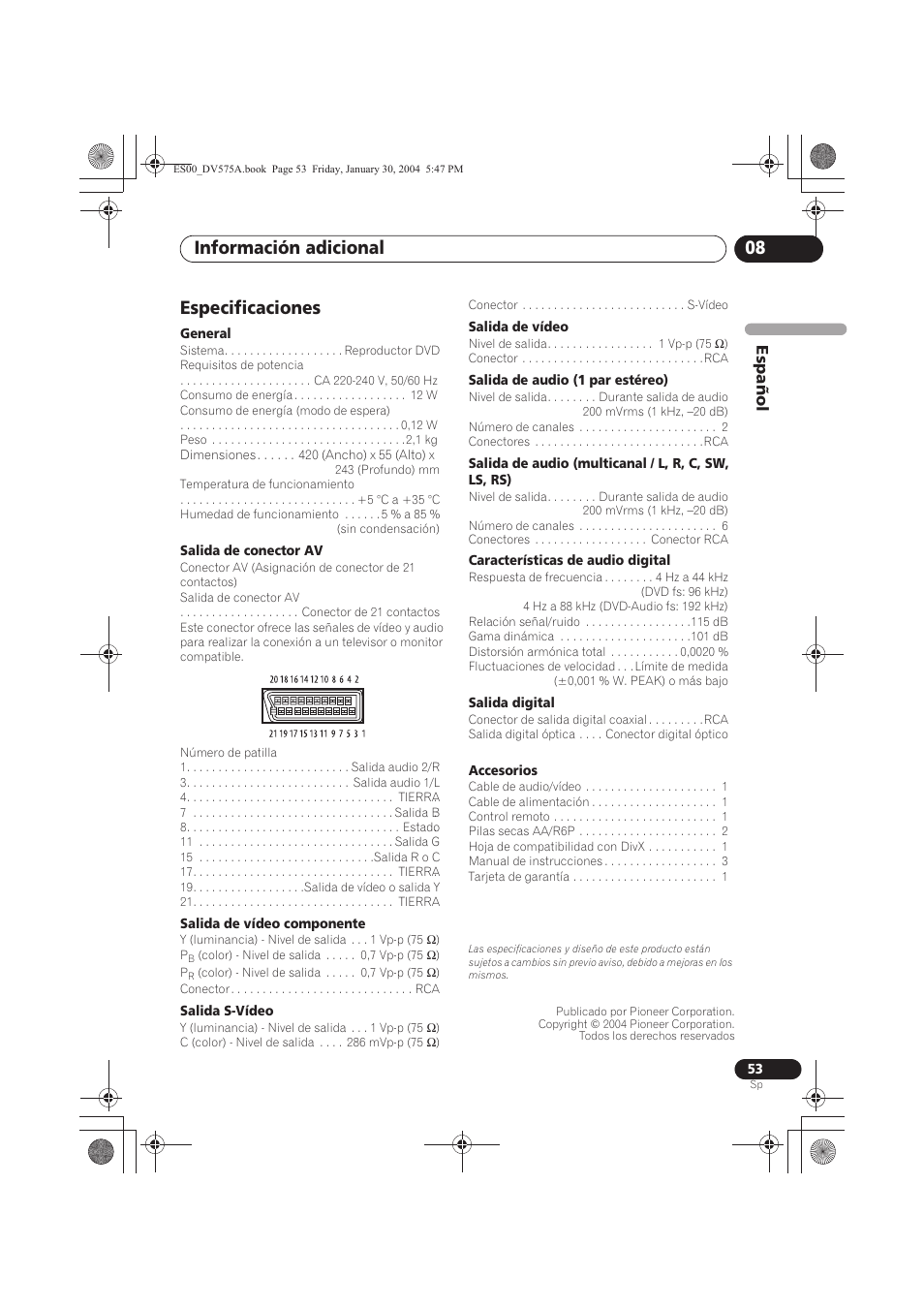 Especificaciones, Información adicional 08 | Pioneer DV-575A-S User Manual | Page 53 / 108