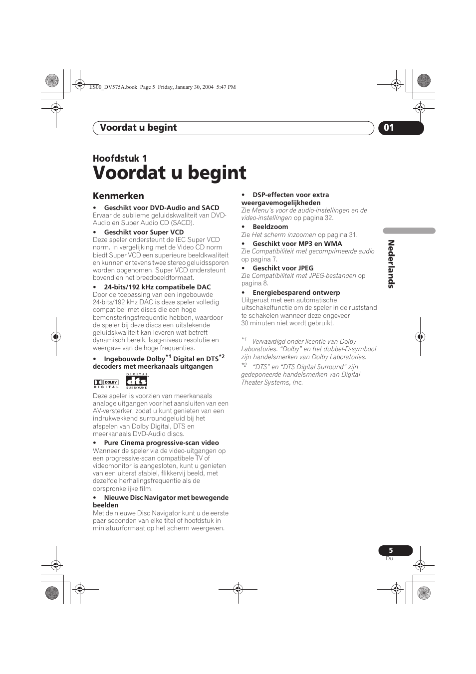 01 voordat u begint, Kenmerken, Voordat u begint | Voordat u begint 01, Hoofdstuk 1 | Pioneer DV-575A-S User Manual | Page 57 / 108