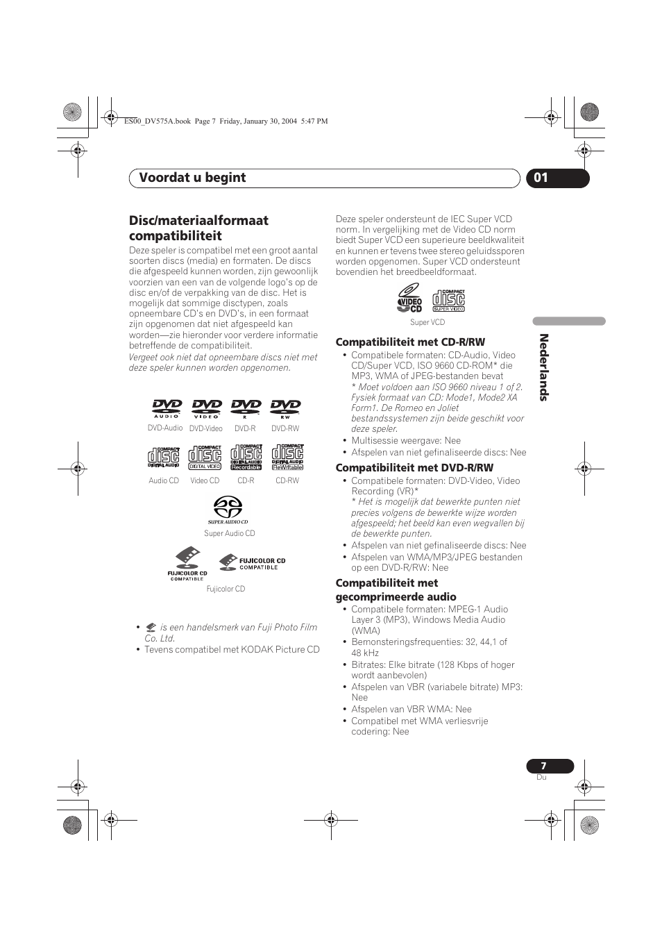 Disc/materiaalformaat compatibiliteit, Voordat u begint 01 | Pioneer DV-575A-S User Manual | Page 59 / 108