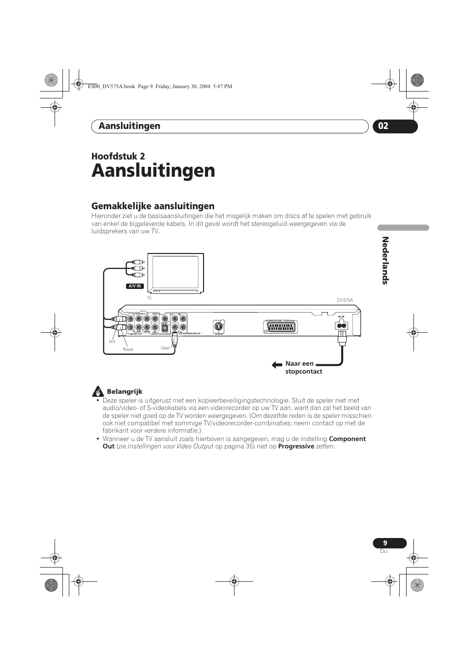 02 aansluitingen, Gemakkelijke aansluitingen, Aansluitingen | Aansluitingen 02, Hoofdstuk 2, Nede rlands, Naar een stopcontact | Pioneer DV-575A-S User Manual | Page 61 / 108