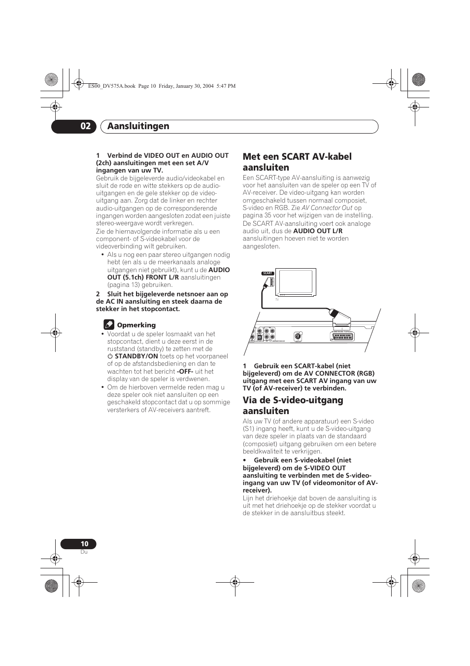 Met een scart av-kabel aansluiten, Via de s-video-uitgang aansluiten, Aansluitingen 02 | Pioneer DV-575A-S User Manual | Page 62 / 108