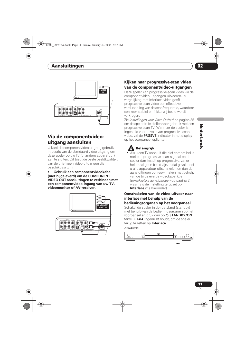 Via de componentvideo-uitgang aansluiten, Aansluitingen 02, Via de componentvideo- uitgang aansluiten | Nede rlands, Standby/on fl dimmer | Pioneer DV-575A-S User Manual | Page 63 / 108