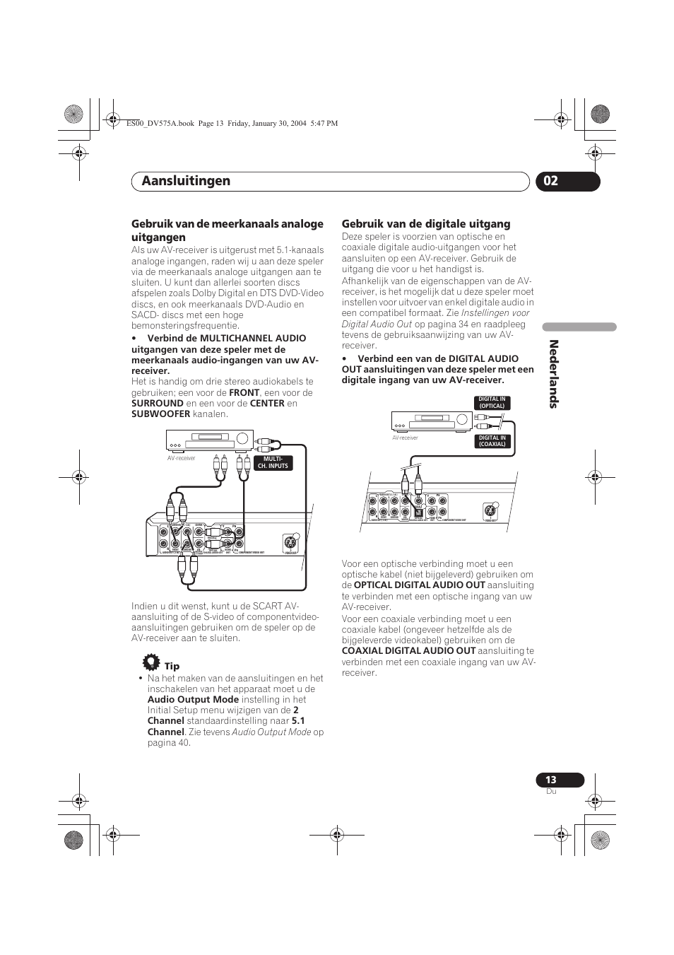 Aansluitingen 02, Nede rlands, Gebruik van de meerkanaals analoge uitgangen | Gebruik van de digitale uitgang | Pioneer DV-575A-S User Manual | Page 65 / 108