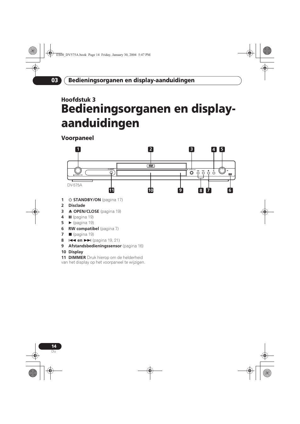 03 bedieningsorganen en display- aanduidingen, Voorpaneel, Bedieningsorganen en display- aanduidingen | Bedieningsorganen en display-aanduidingen 03, Hoofdstuk 3 | Pioneer DV-575A-S User Manual | Page 66 / 108