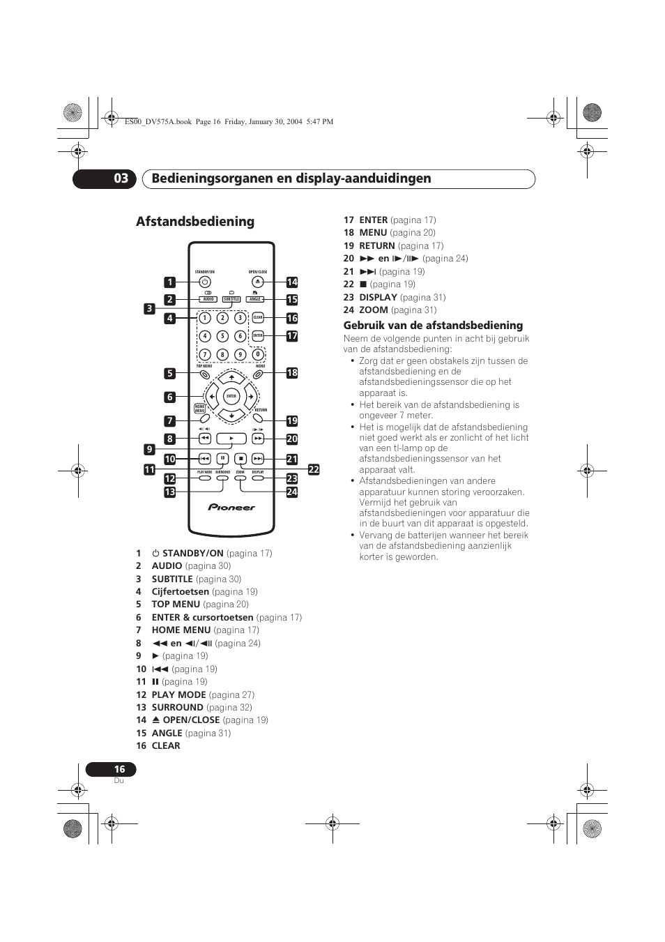 Afstandsbediening, Bedieningsorganen en display-aanduidingen 03 | Pioneer DV-575A-S User Manual | Page 68 / 108