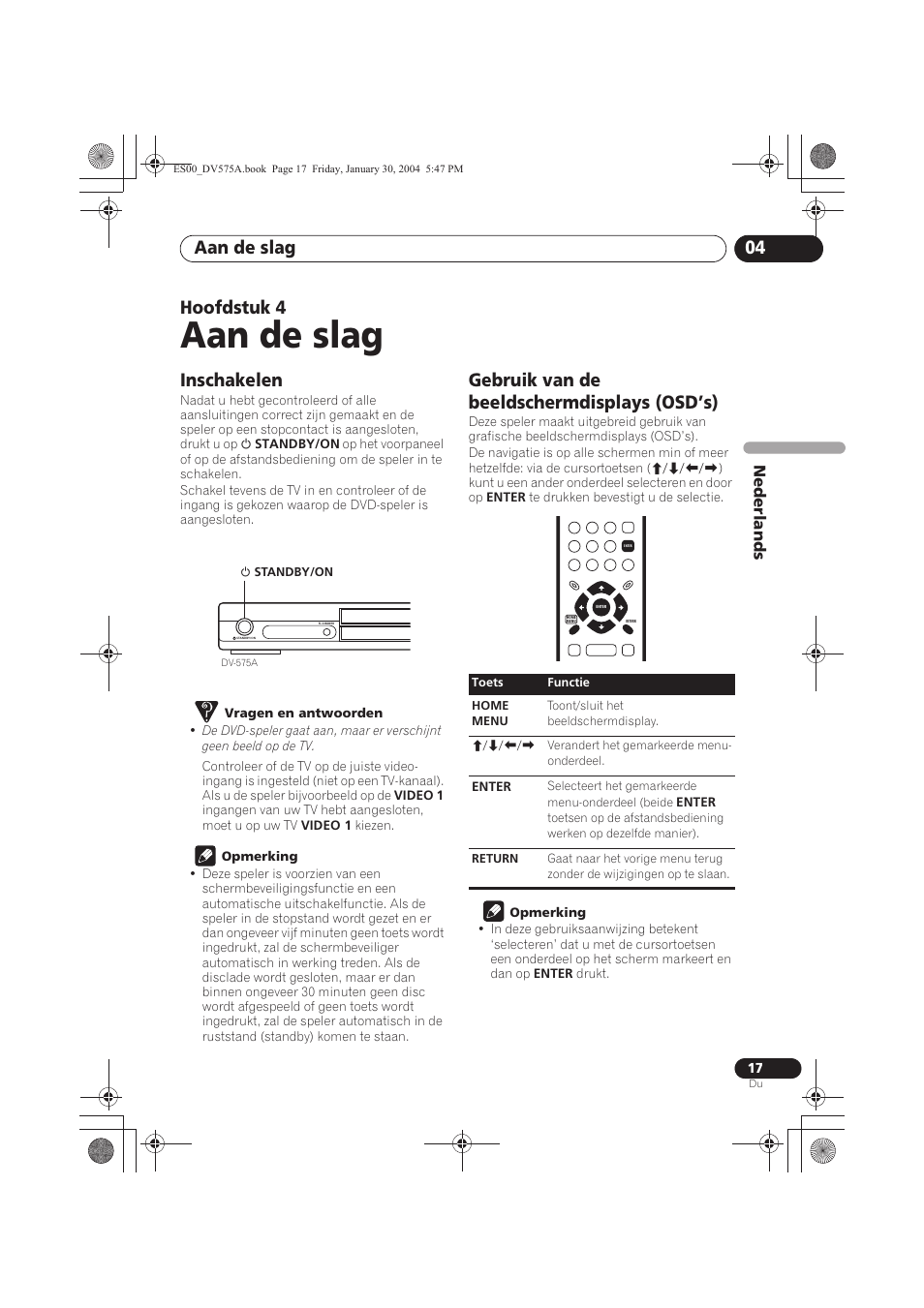 04 aan de slag, Inschakelen, Gebruik van de beeldschermdisplays (osd’s) | Aan de slag, Aan de slag 04, Hoofdstuk 4, Nede rlands | Pioneer DV-575A-S User Manual | Page 69 / 108