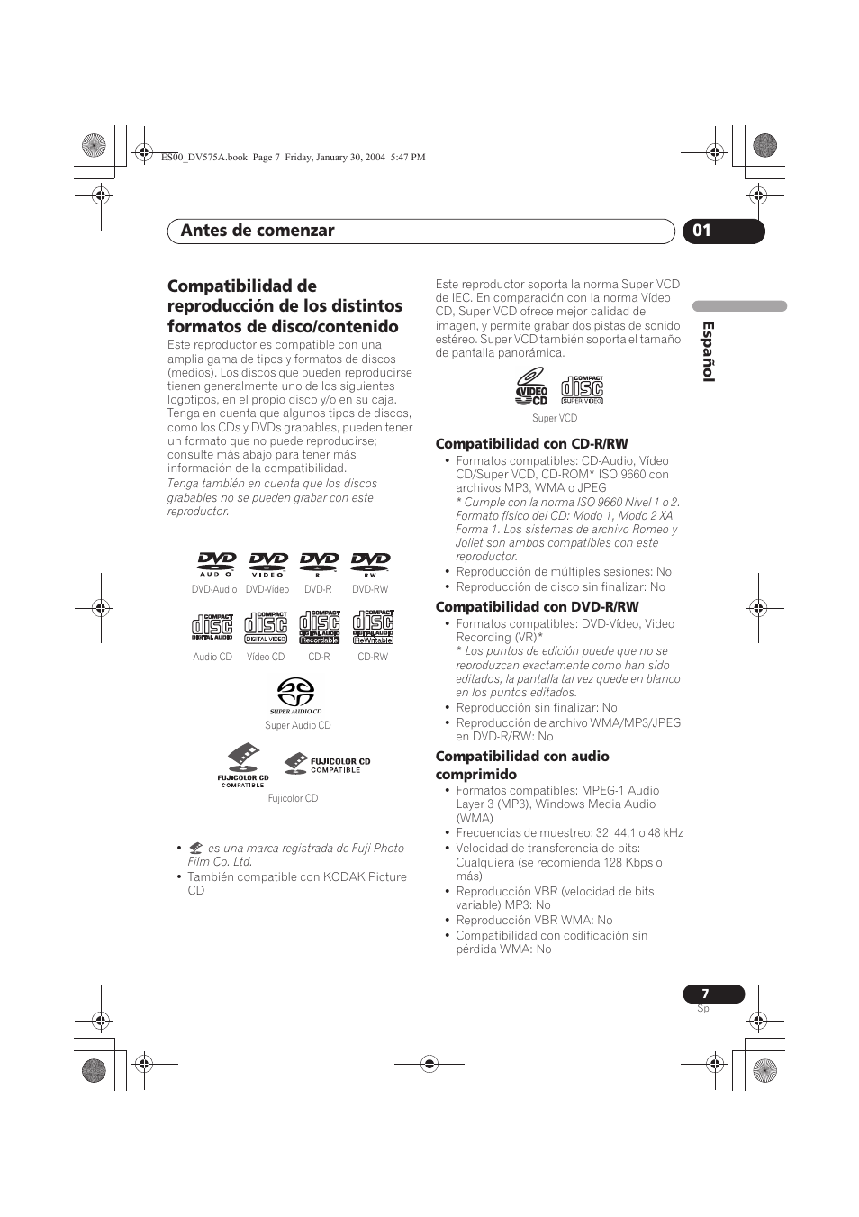 Antes de comenzar 01 | Pioneer DV-575A-S User Manual | Page 7 / 108