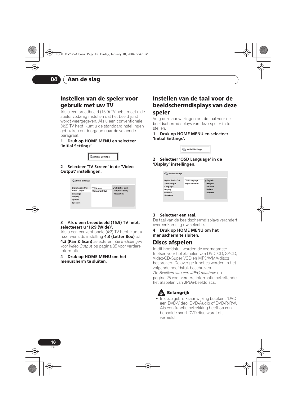 Instellen van de speler voor gebruik met uw tv, Discs afspelen, Aan de slag 04 | Pioneer DV-575A-S User Manual | Page 70 / 108