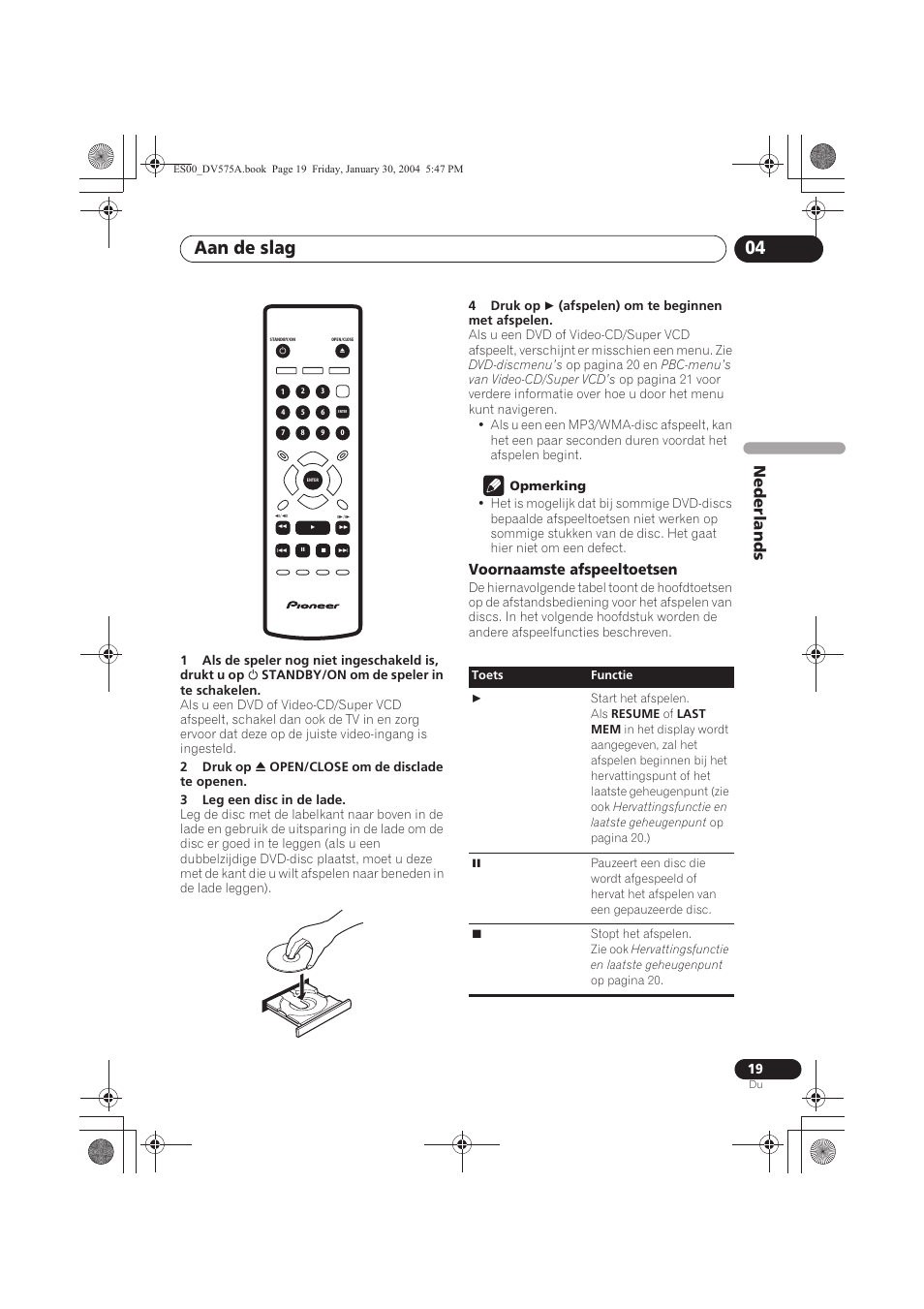 Aan de slag 04, Nede rlands, Voornaamste afspeeltoetsen | Pioneer DV-575A-S User Manual | Page 71 / 108