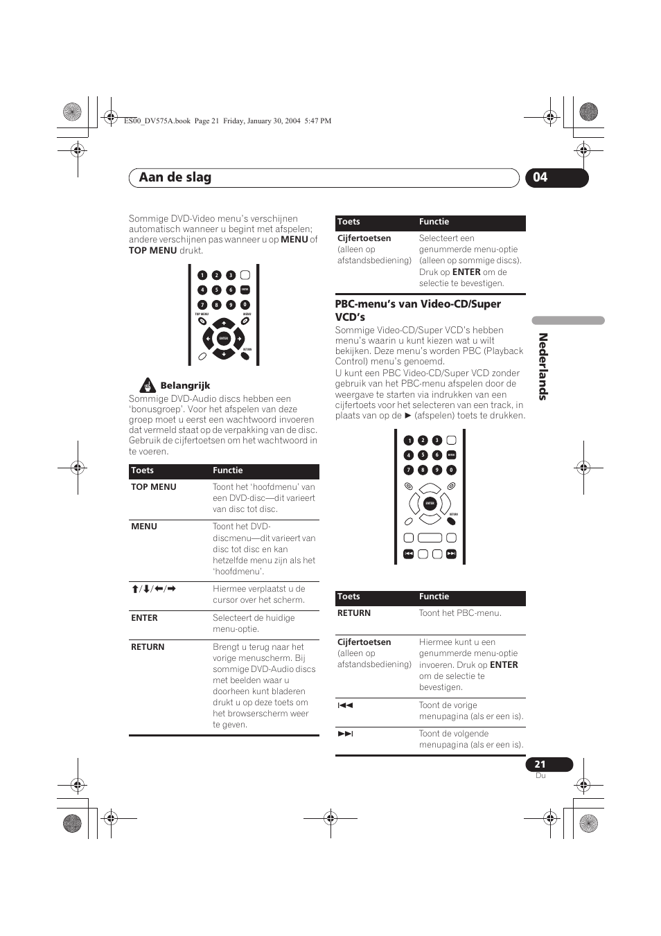 Aan de slag 04, Nede rlands, Pbc-menu’s van video-cd/super vcd’s | Pioneer DV-575A-S User Manual | Page 73 / 108