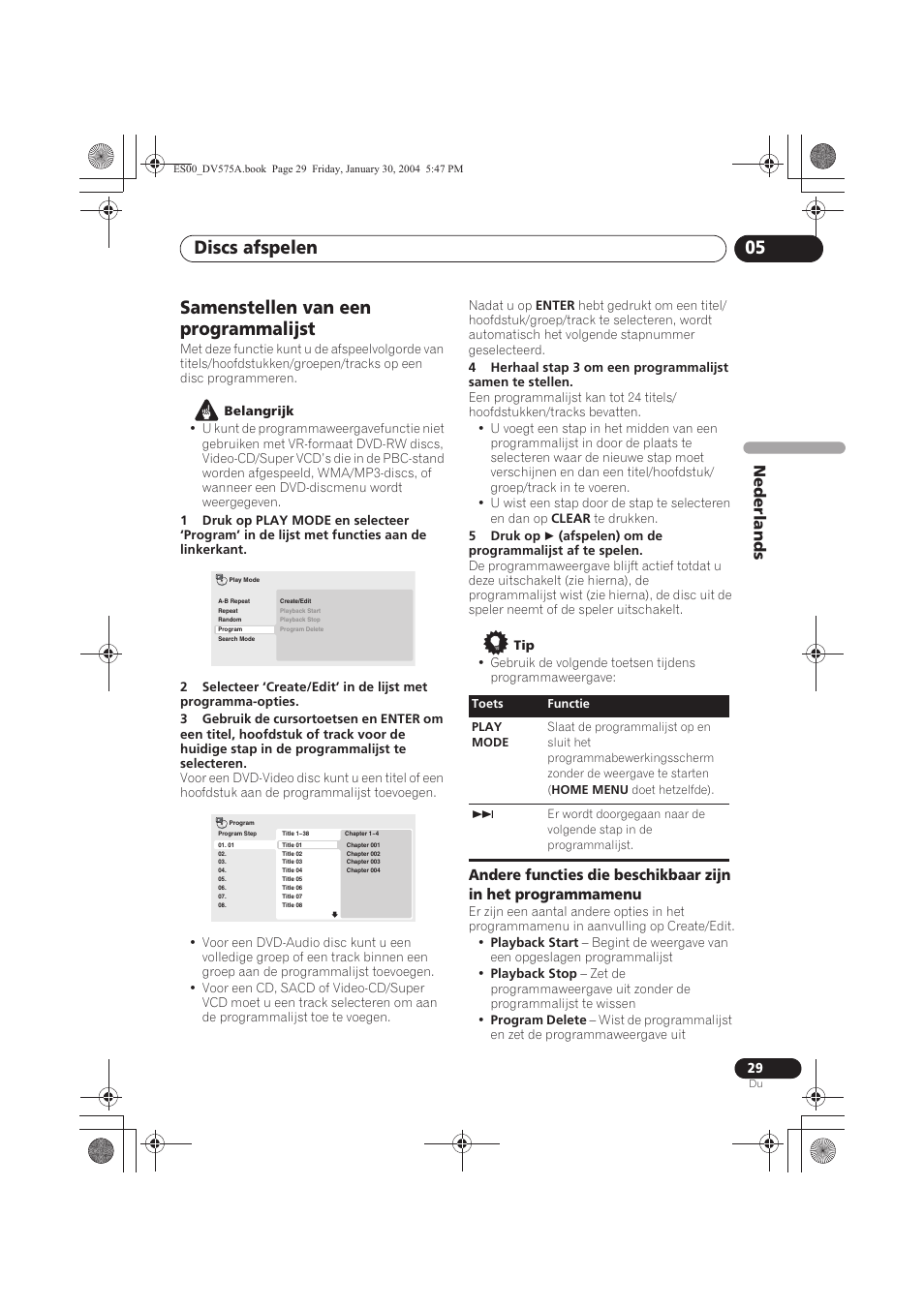 Samenstellen van een programmalijst, Discs afspelen 05, Nede rlands | Pioneer DV-575A-S User Manual | Page 81 / 108