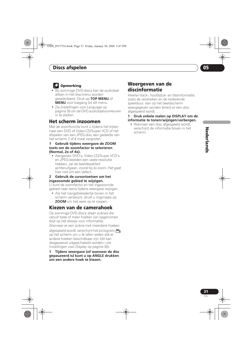 Het scherm inzoomen, Kiezen van de camerahoek, Weergeven van de discinformatie | Discs afspelen 05 | Pioneer DV-575A-S User Manual | Page 83 / 108