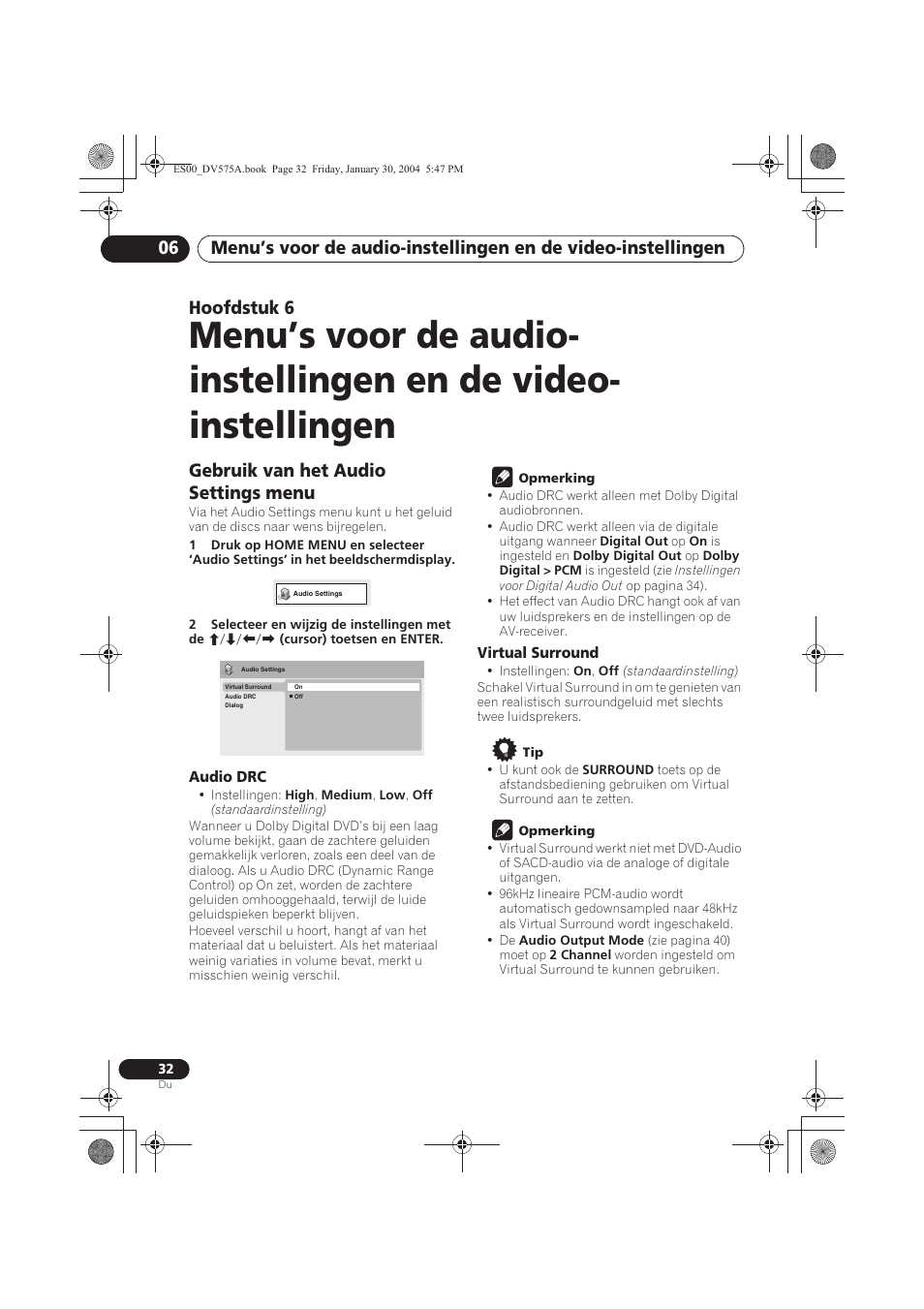 Gebruik van het audio settings menu, Hoofdstuk 6 | Pioneer DV-575A-S User Manual | Page 84 / 108