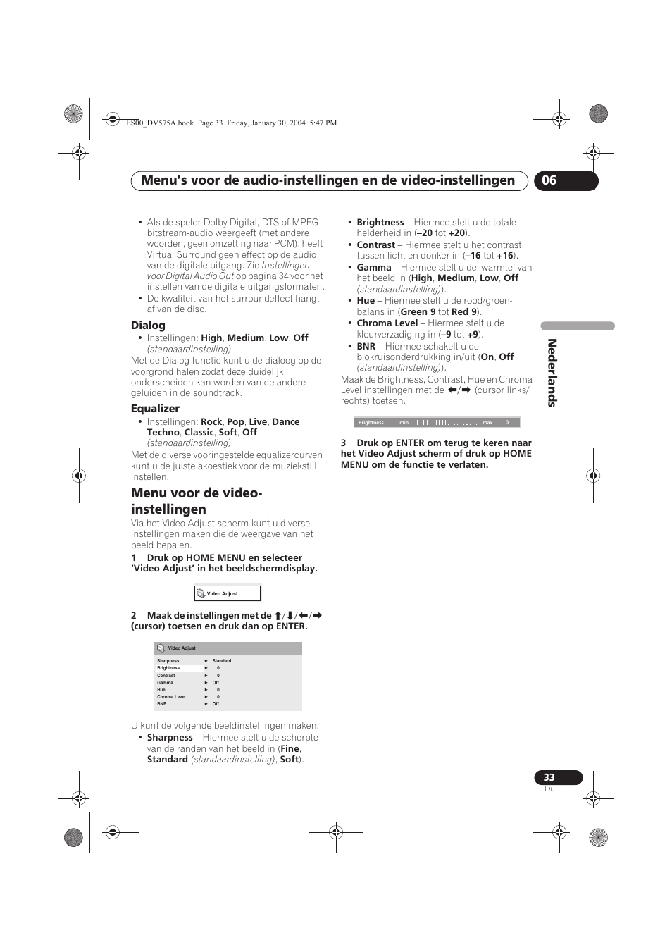 Menu voor de video-instellingen, Menu voor de video- instellingen, Nede rlands | Pioneer DV-575A-S User Manual | Page 85 / 108