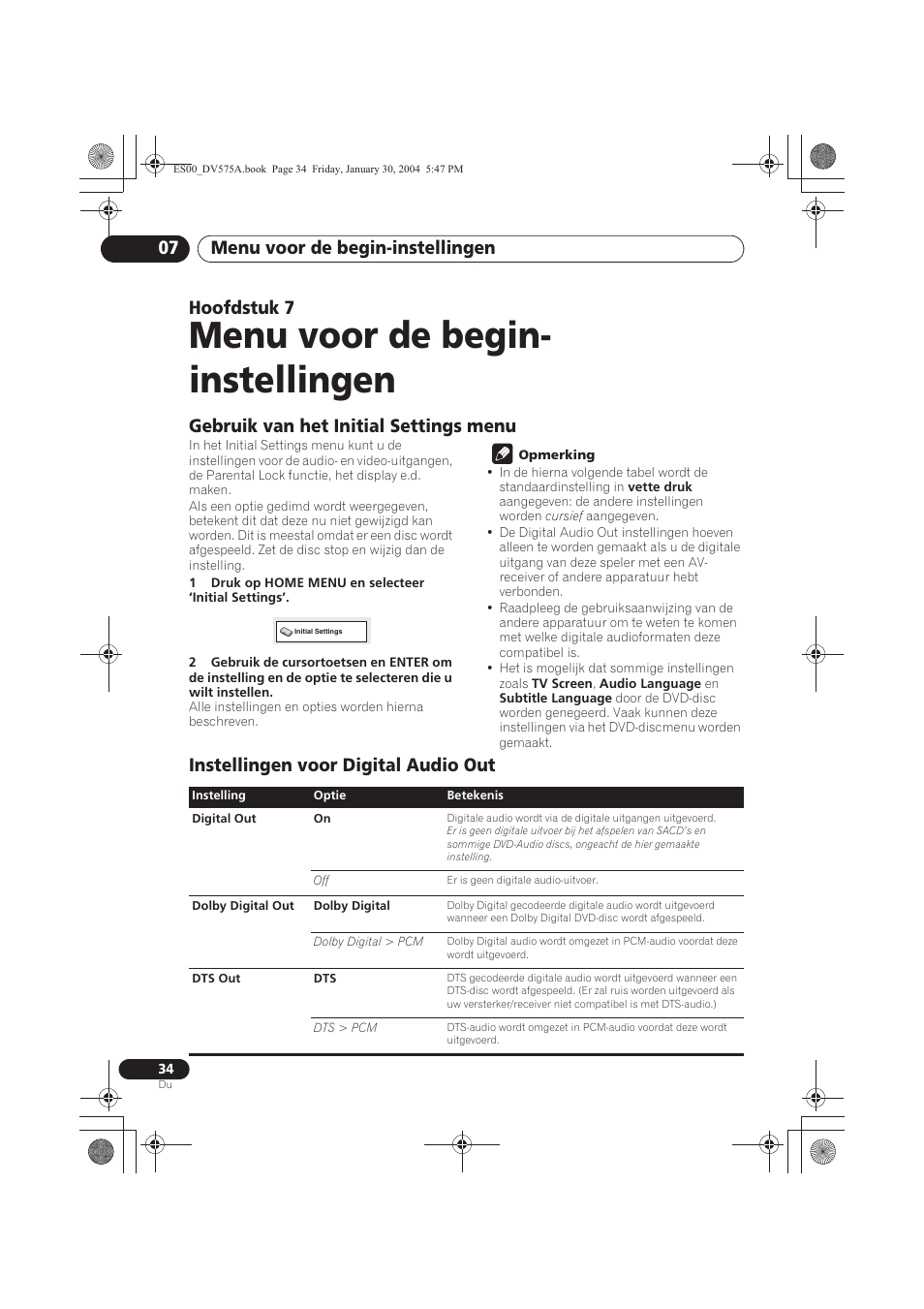 07 menu voor de begin-instellingen, Gebruik van het initial settings menu, Instellingen voor digital audio out | Menu voor de begin- instellingen, Menu voor de begin-instellingen 07, Hoofdstuk 7 | Pioneer DV-575A-S User Manual | Page 86 / 108