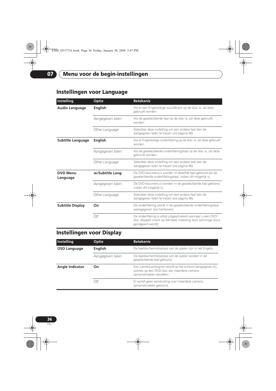 Instellingen voor language, Instellingen voor display, Menu voor de begin-instellingen 07 | Pioneer DV-575A-S User Manual | Page 88 / 108