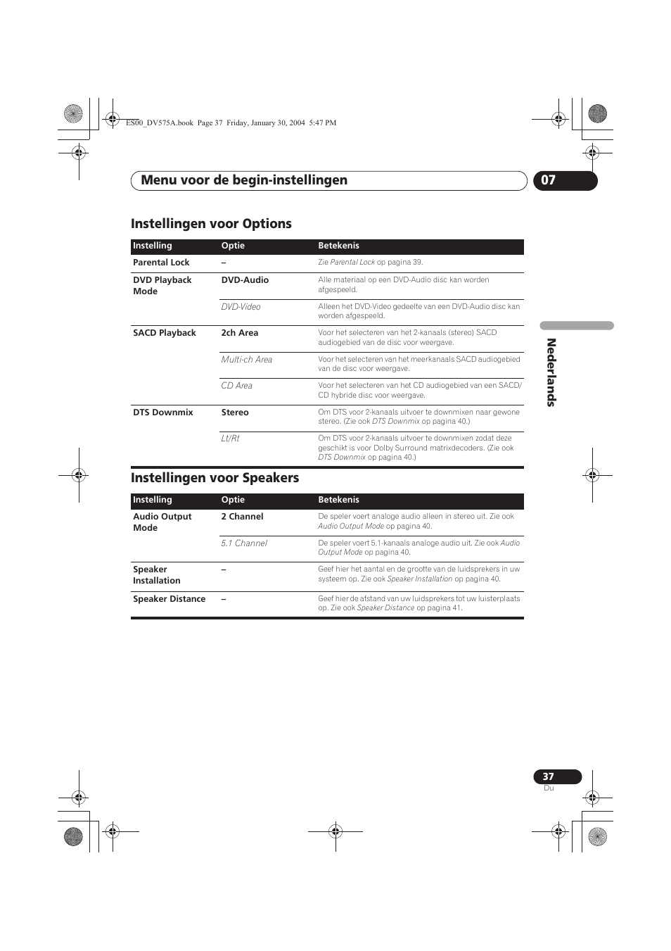 Instellingen voor options, Instellingen voor speakers, Menu voor de begin-instellingen 07 | Nede rlands | Pioneer DV-575A-S User Manual | Page 89 / 108