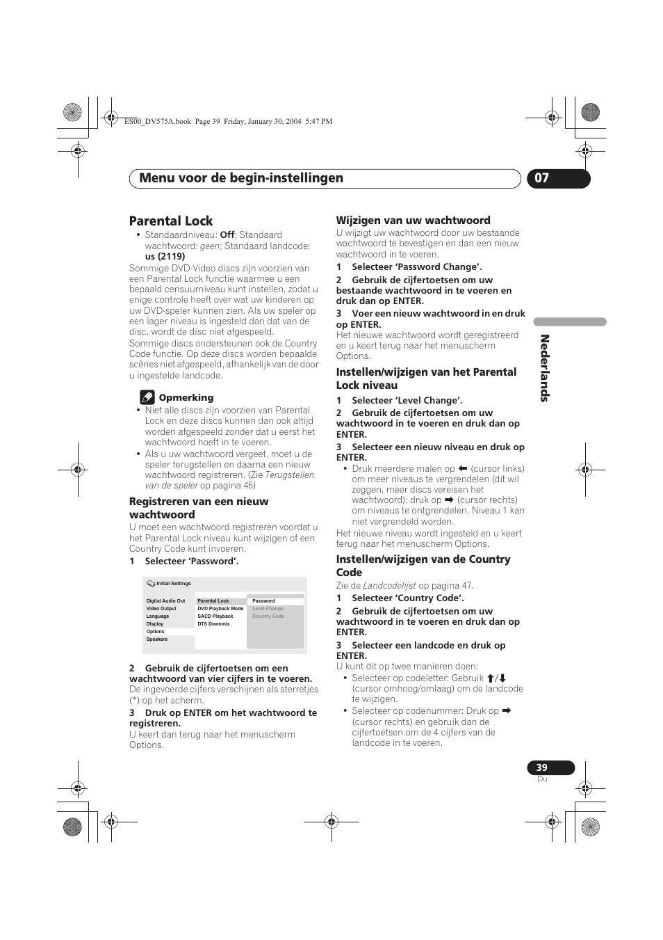 Parental lock, Menu voor de begin-instellingen 07, Nede rlands | Pioneer DV-575A-S User Manual | Page 91 / 108