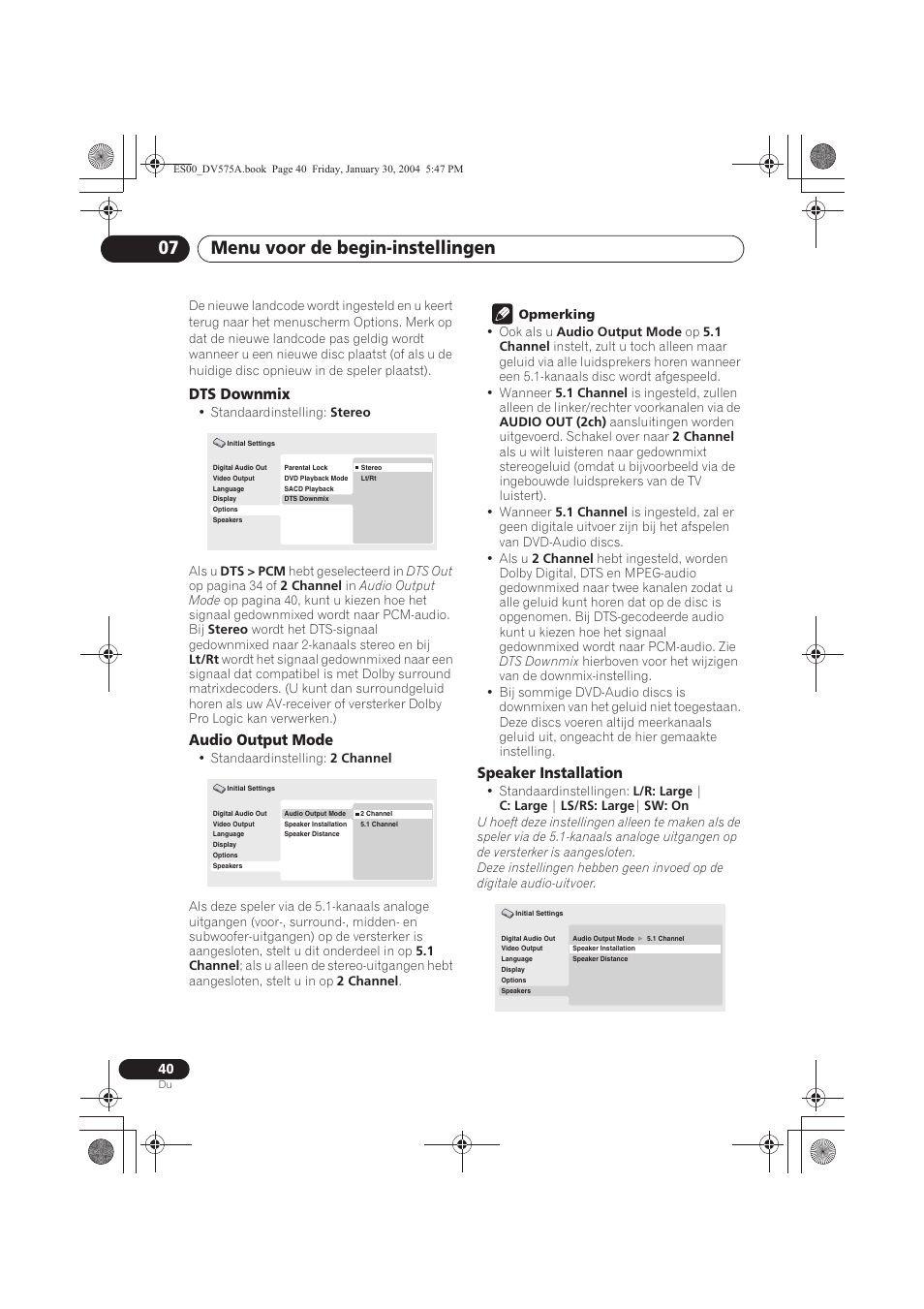Menu voor de begin-instellingen 07, Dts downmix, Audio output mode | Speaker installation | Pioneer DV-575A-S User Manual | Page 92 / 108
