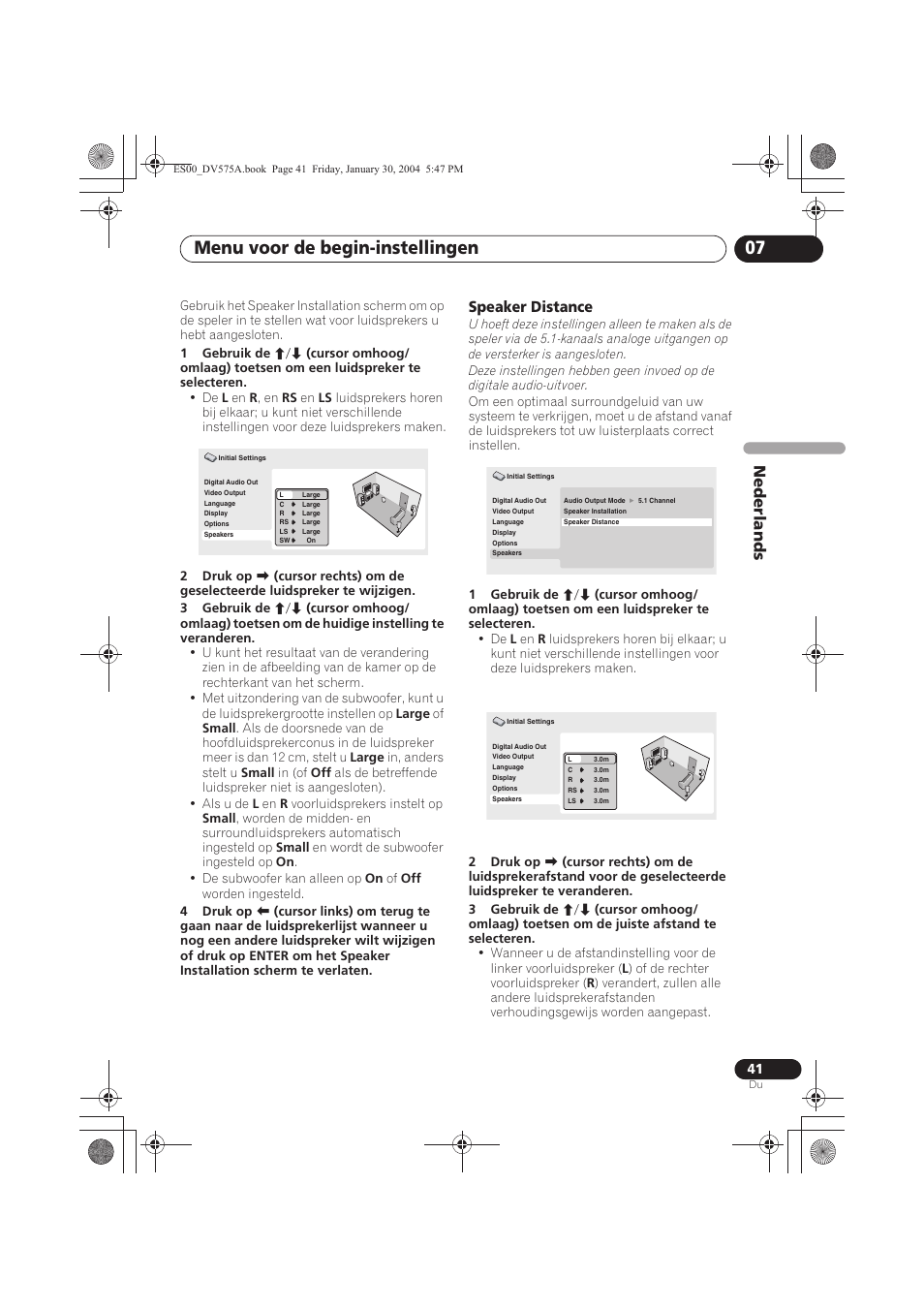 Menu voor de begin-instellingen 07, Nede rlands, Speaker distance | Pioneer DV-575A-S User Manual | Page 93 / 108