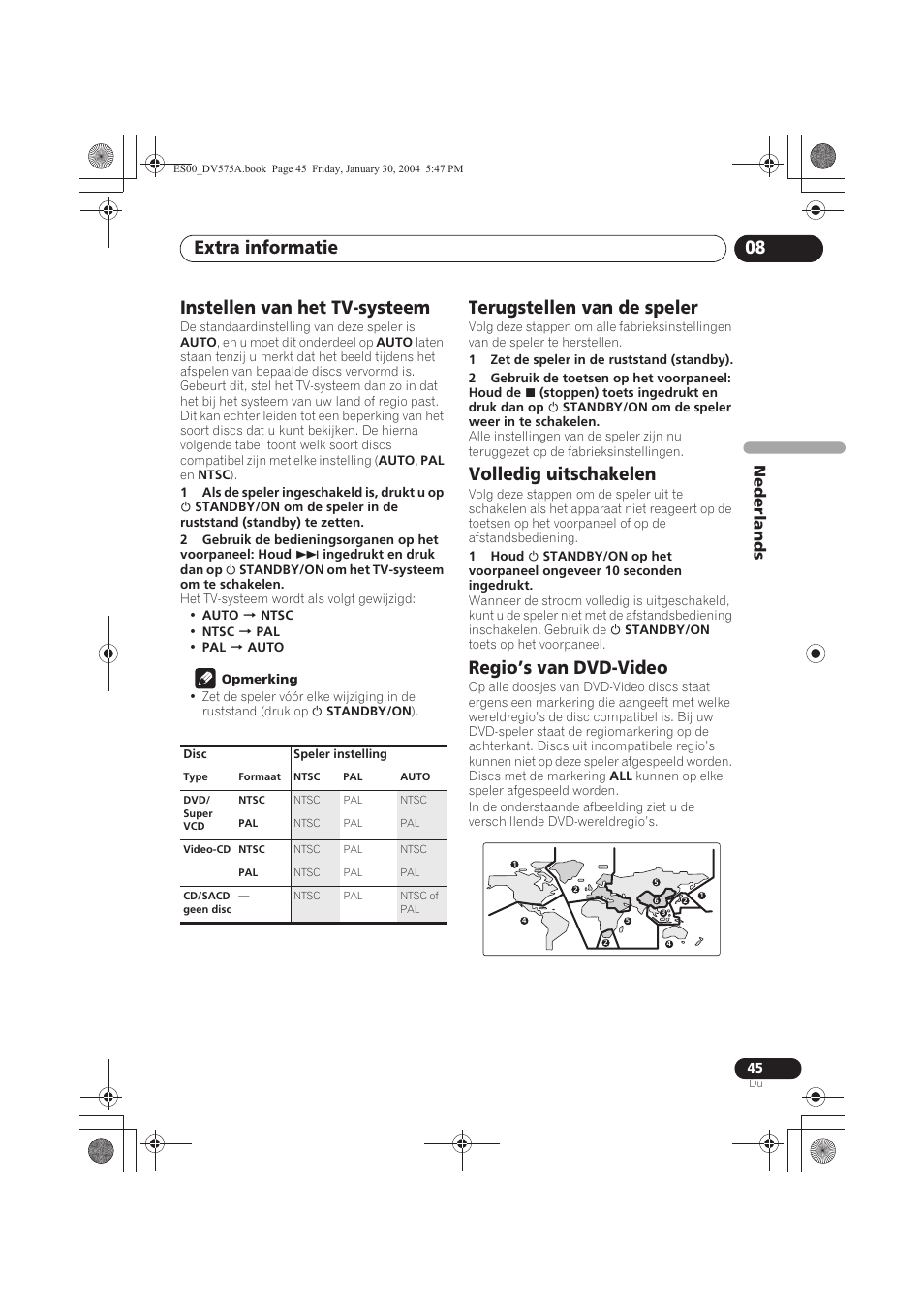 Instellen van het tv-systeem, Terugstellen van de speler, Volledig uitschakelen | Regio’s van dvd-video, Extra informatie 08, Nede rlands | Pioneer DV-575A-S User Manual | Page 97 / 108