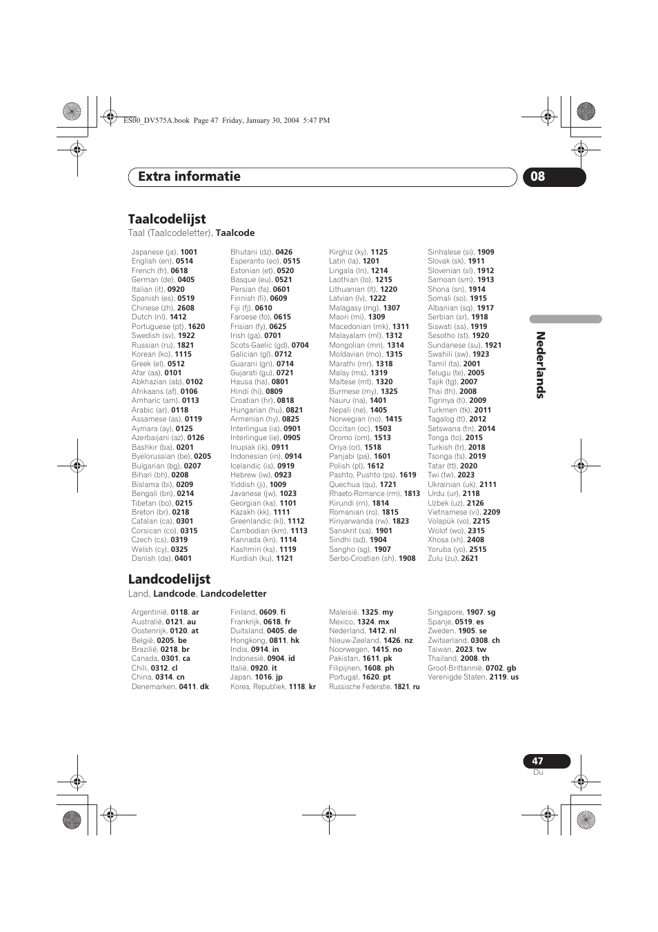 Taalcodelijst, Landcodelijst, Extra informatie 08 | Nede rlands | Pioneer DV-575A-S User Manual | Page 99 / 108